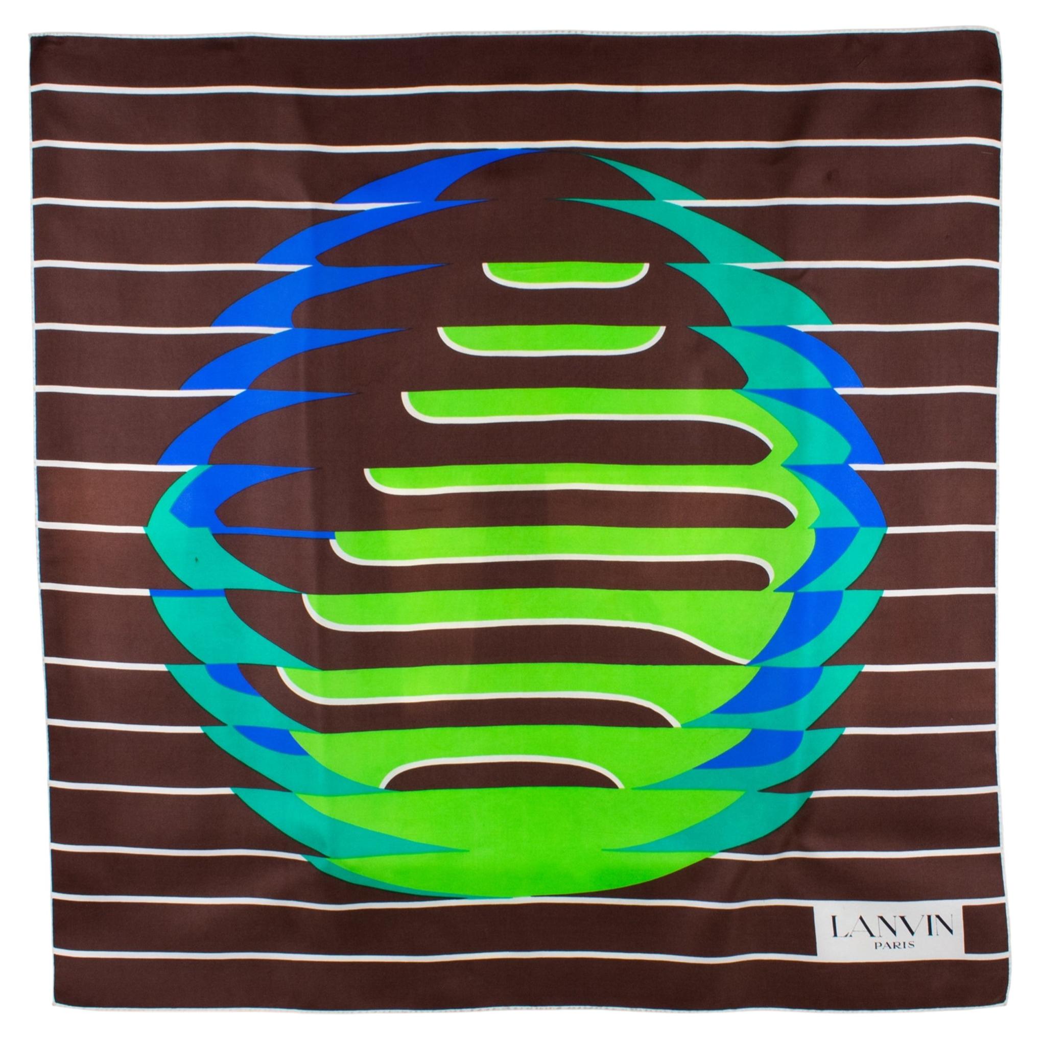 Lanvin Paris Silk Scarf Geometric Print in Cocoa Brown and Green, c1970 For Sale