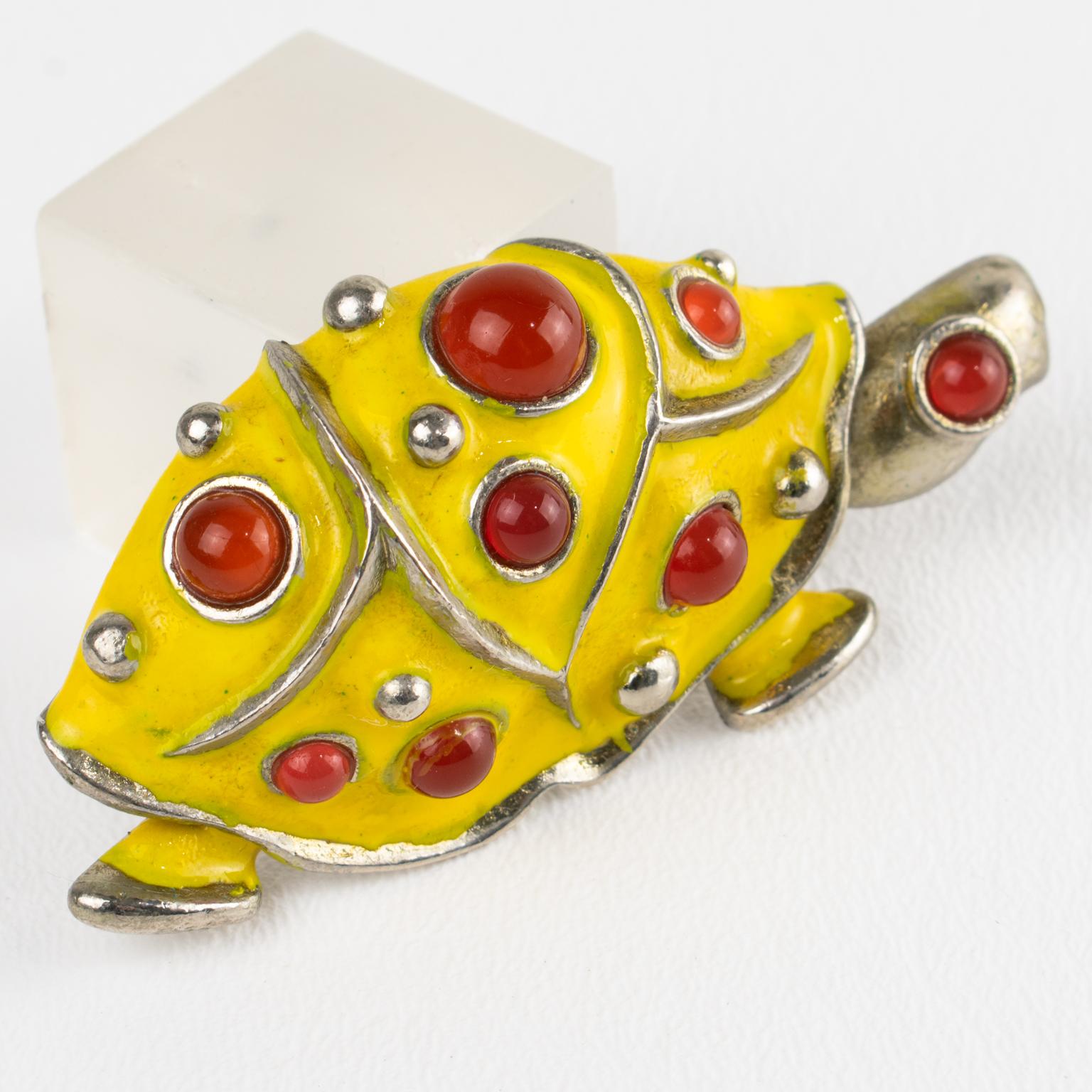 Modern Lanvin Paris Silvered Metal and Enamel Jeweled Turtle Brooch For Sale
