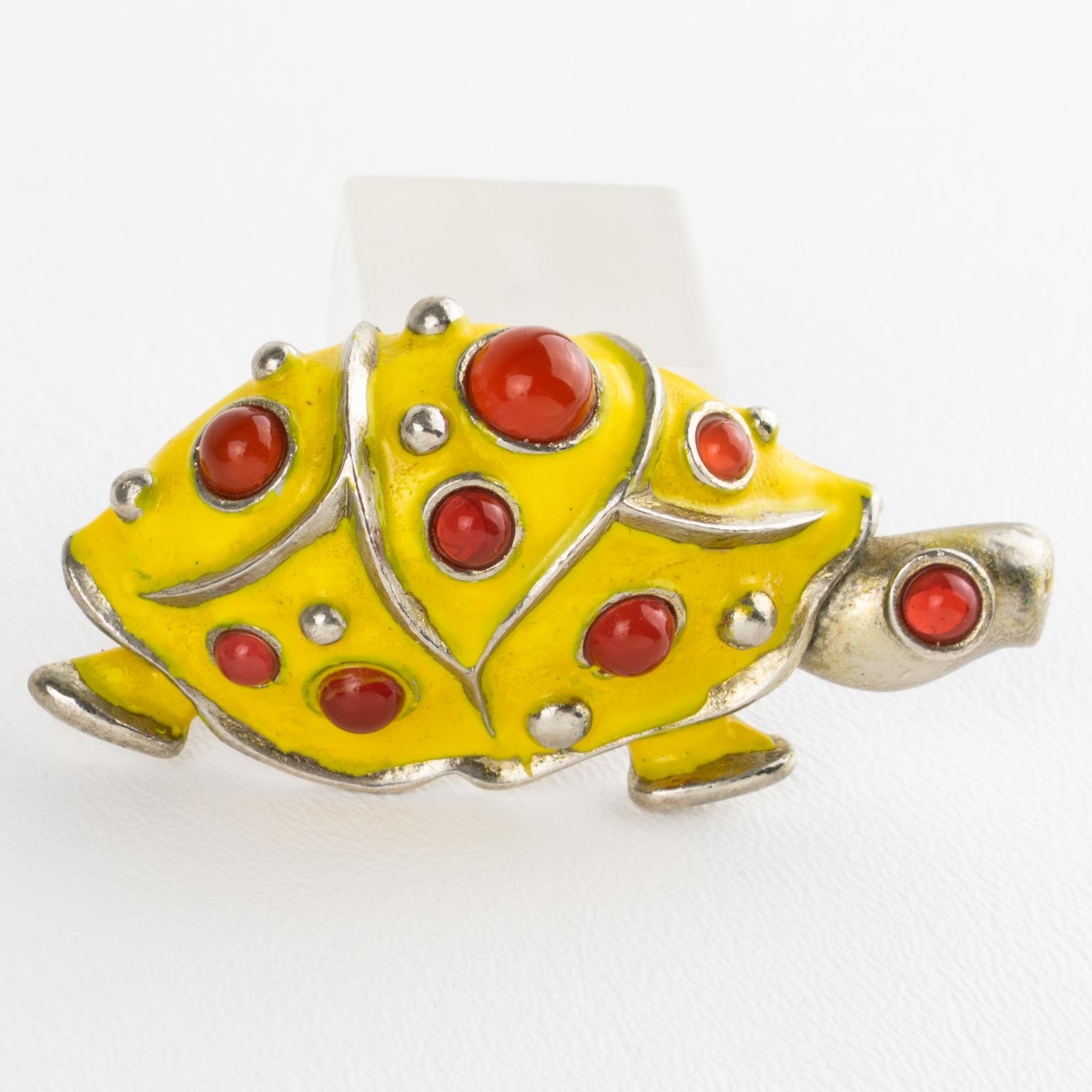 Lanvin Paris Silvered Metal and Enamel Jeweled Turtle Brooch In Excellent Condition For Sale In Atlanta, GA