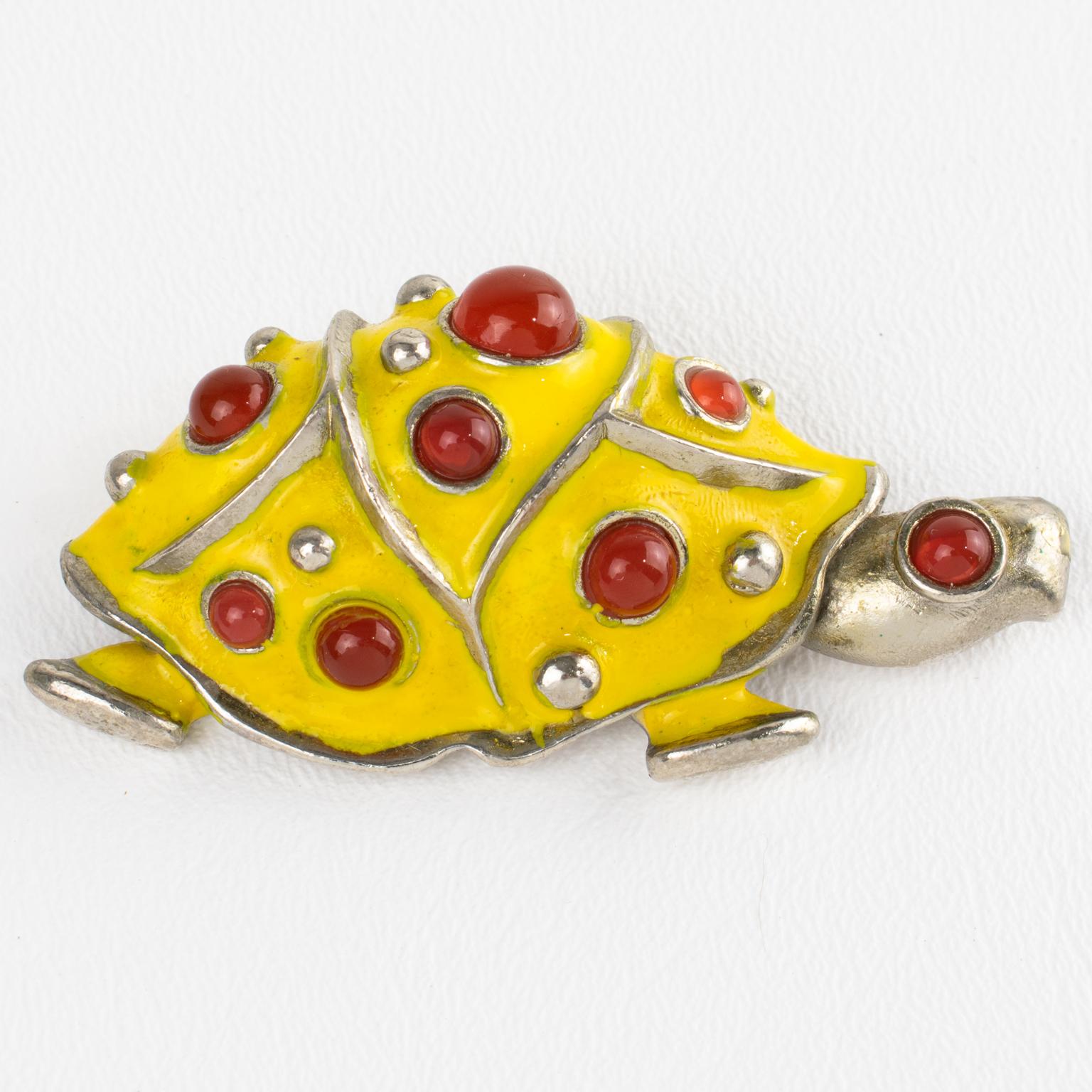 Women's Lanvin Paris Silvered Metal and Enamel Jeweled Turtle Brooch For Sale