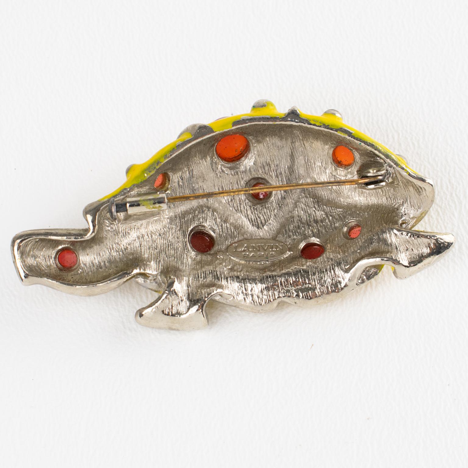Lanvin Paris Silvered Metal and Enamel Jeweled Turtle Brooch For Sale 1