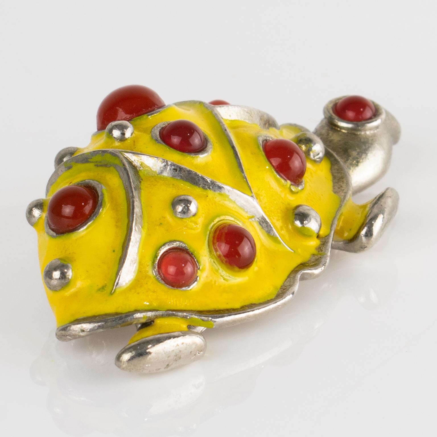 Lanvin Paris Silvered Metal and Enamel Jeweled Turtle Brooch For Sale 3