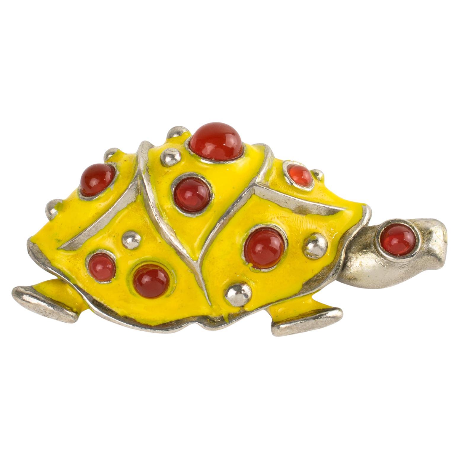 Lanvin Paris Silvered Metal and Enamel Jeweled Turtle Brooch For Sale