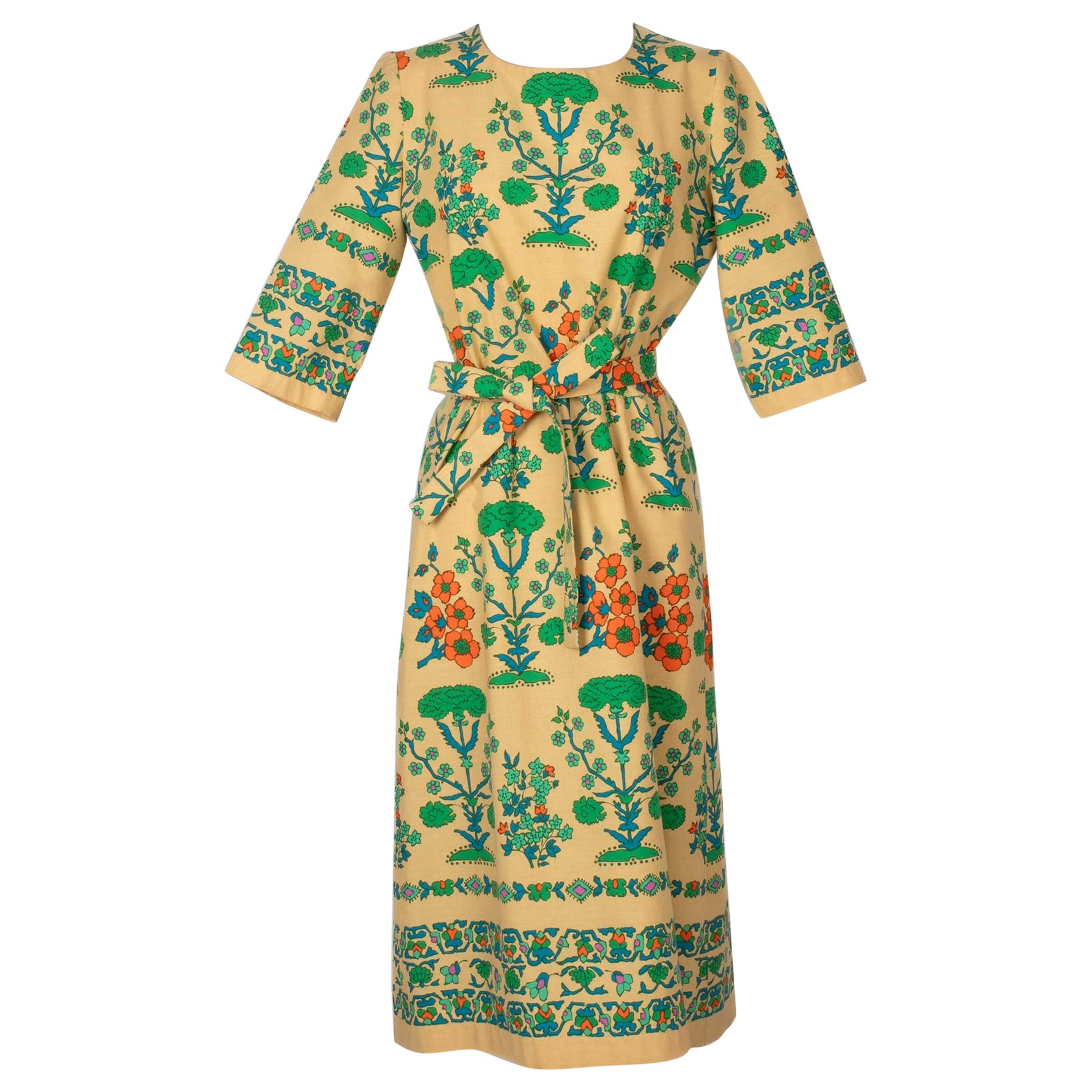 Lanvin Paris Vintage Beige Cotton Dress with Floral Design, Size 38FR