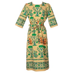 Lanvin Paris Vintage Beige Cotton Dress with Floral Design, Size 38FR