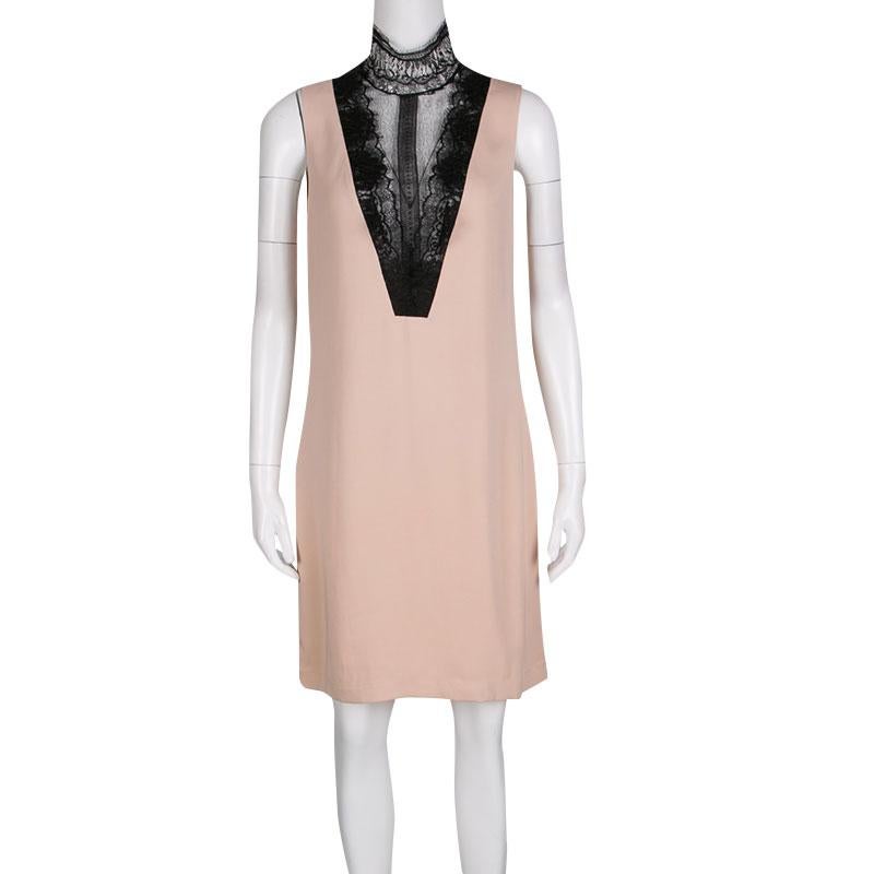 Lanvin Peach Contrast Lace Neck Detail Sleeveless Dress S In Good Condition In Dubai, Al Qouz 2