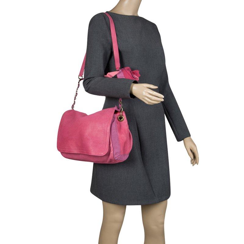 Lanvin Pink Leather and Fabric Shoulder Bag In Good Condition In Dubai, Al Qouz 2