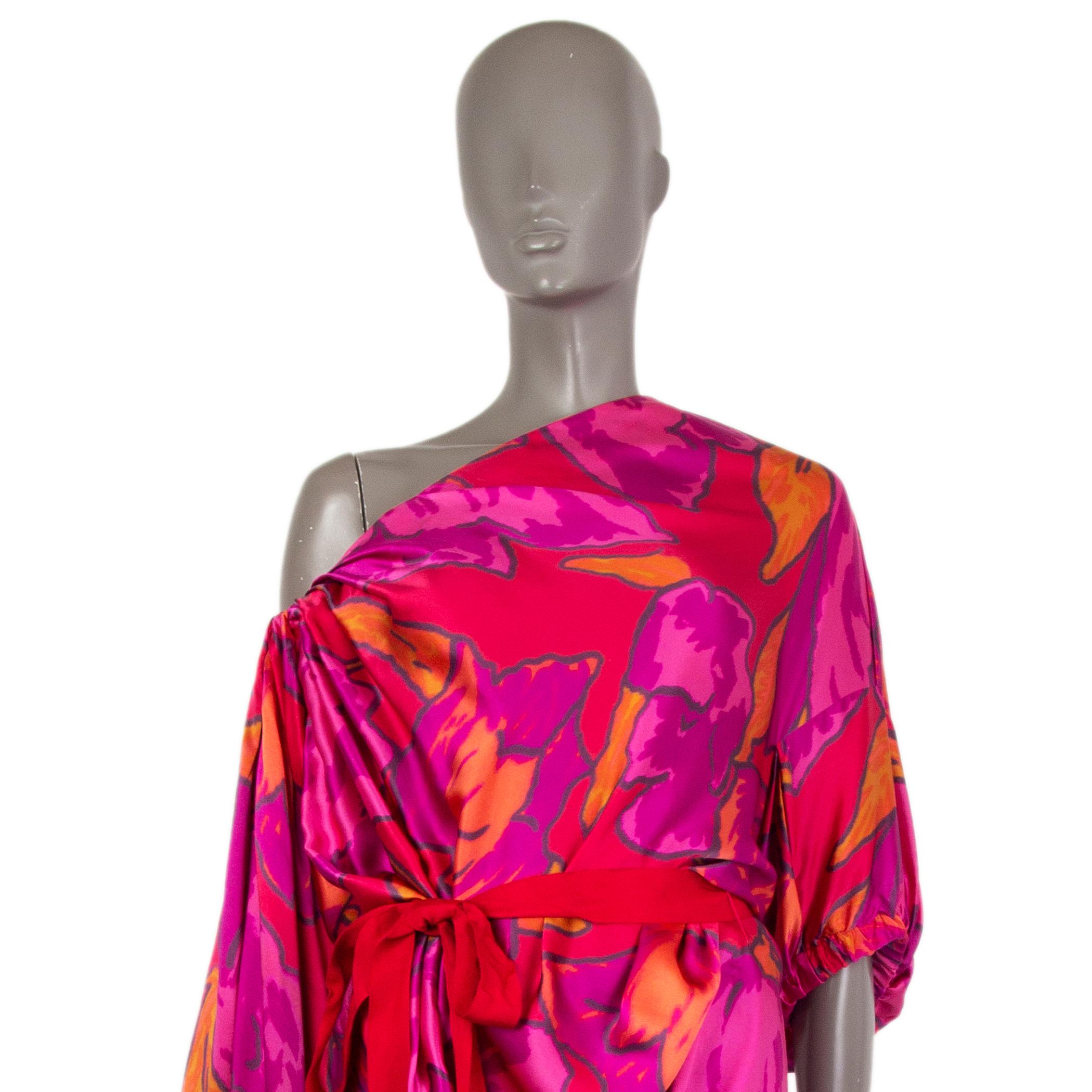LANVIN pink silk PRINTED ONE SHOULDER BELTED Dress 40 M In Excellent Condition For Sale In Zürich, CH