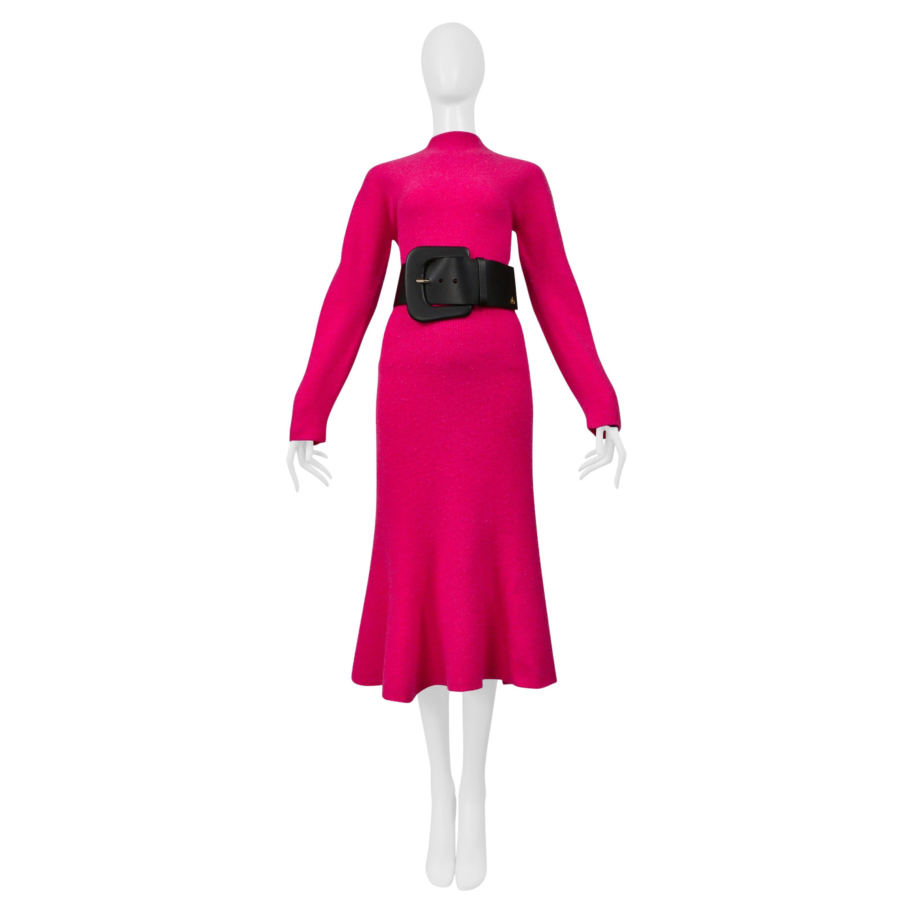 Lanvin Pink Sweater And Skirt Ensemble With Oversized Black Belt