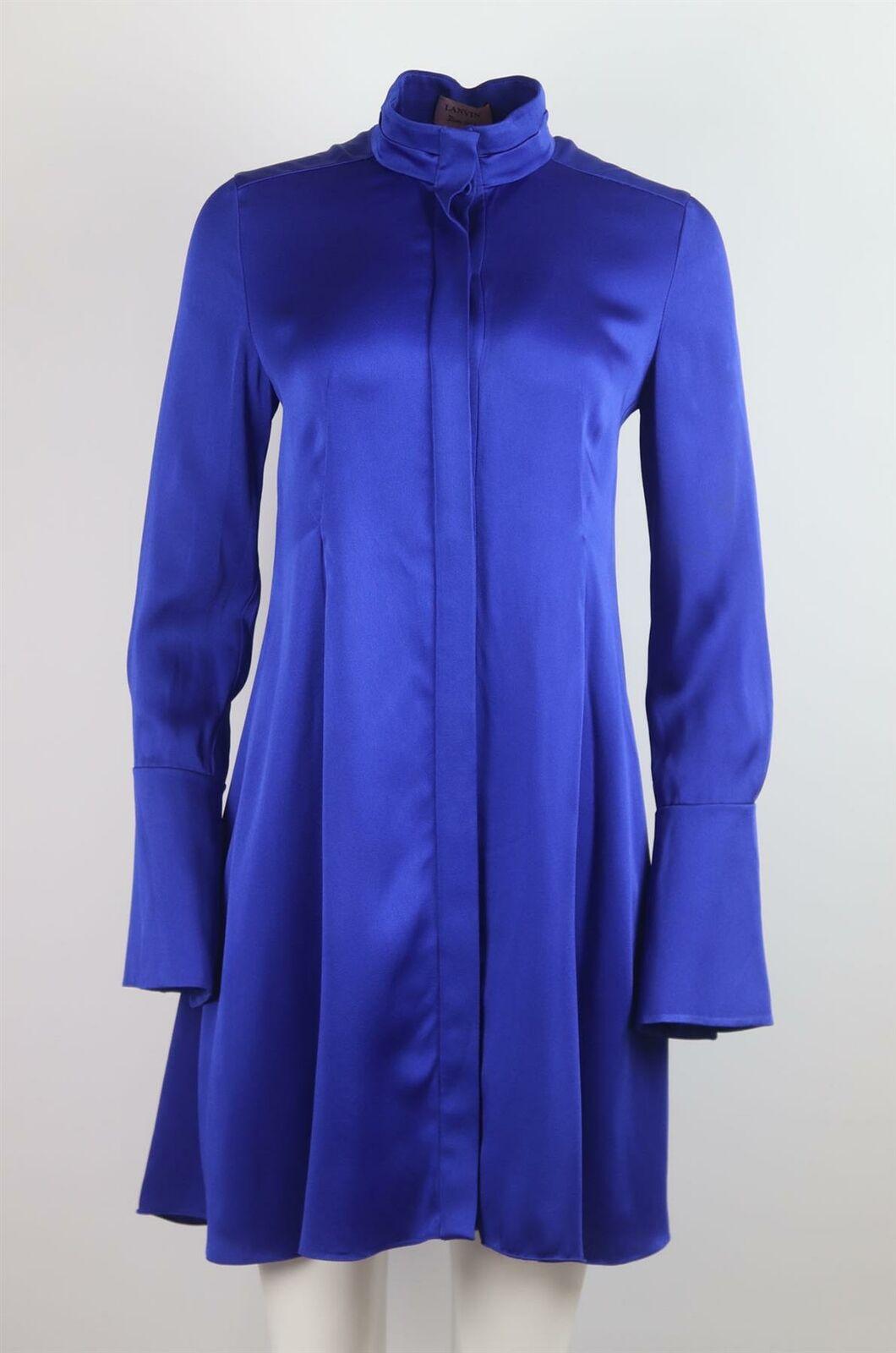 This shirt dress by Lanvin is cut from striking royal-blue satin and has a slight flared hem with a pleated waist and oversized cuffs. 
Blue satin. 
Concealed button fastening at front. 
58% Viscose, 42% acetate. 

Size: FR 36 (UK 8, US 4, IT 40).