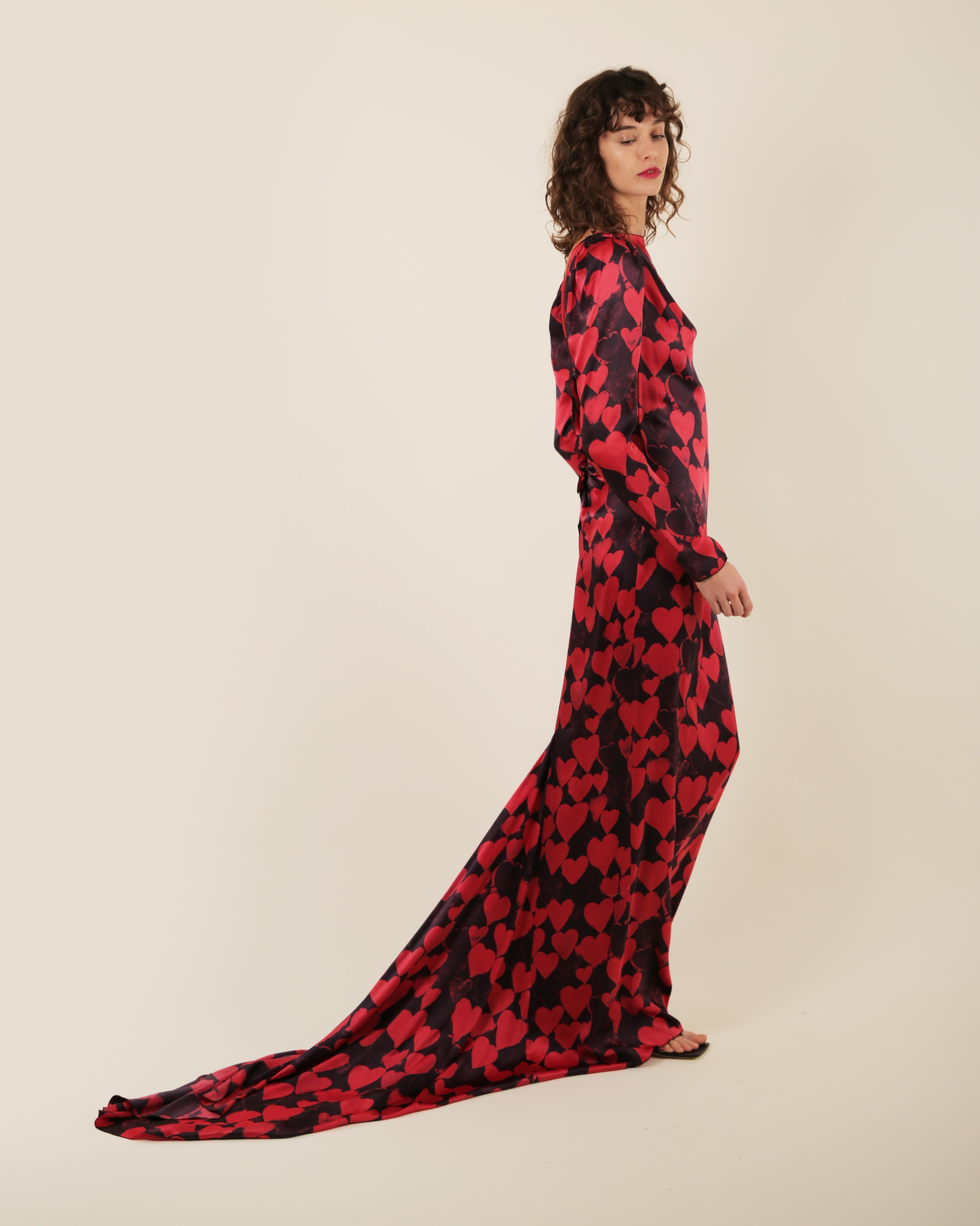 Lanvin pre/FW 2012 10 yr anniversary black red heart print silk train gown dress For Sale 5