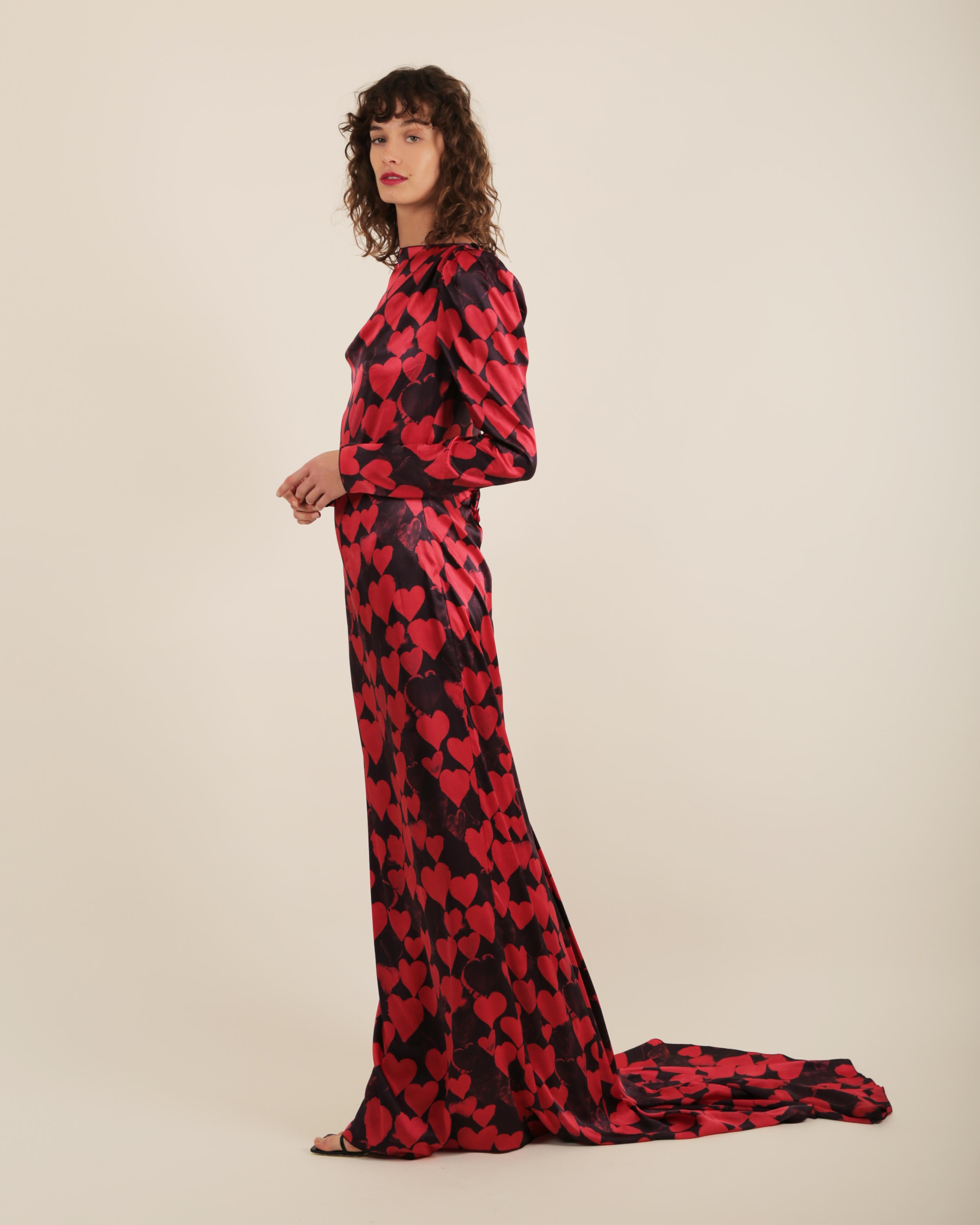 Lanvin pre/FW 2012 10 yr anniversary black red heart print silk train gown dress For Sale 6