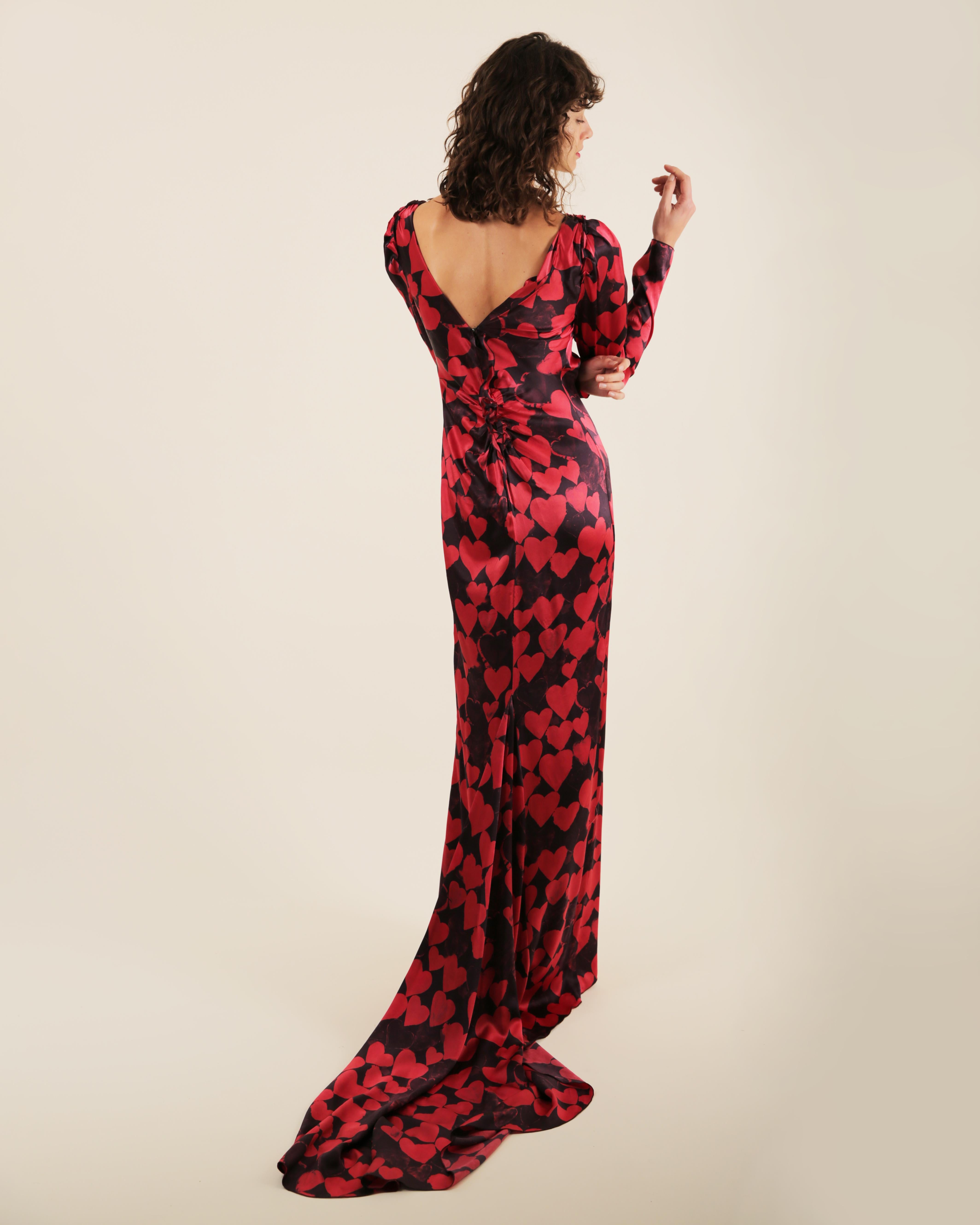 Lanvin pre/FW 2012 10 yr anniversary black red heart print silk train gown dress For Sale 9