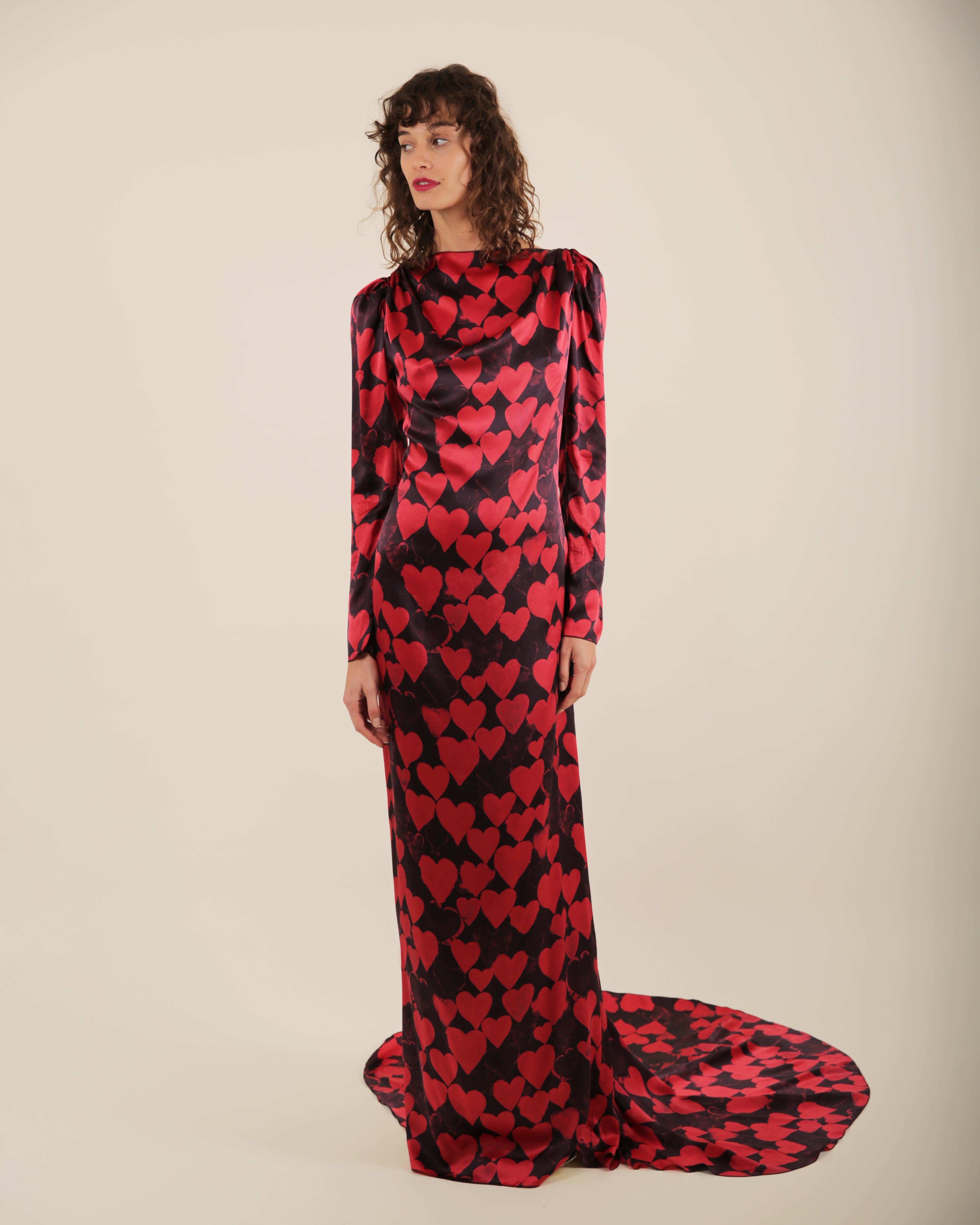 Brown Lanvin pre/FW 2012 10 yr anniversary black red heart print silk train gown dress For Sale