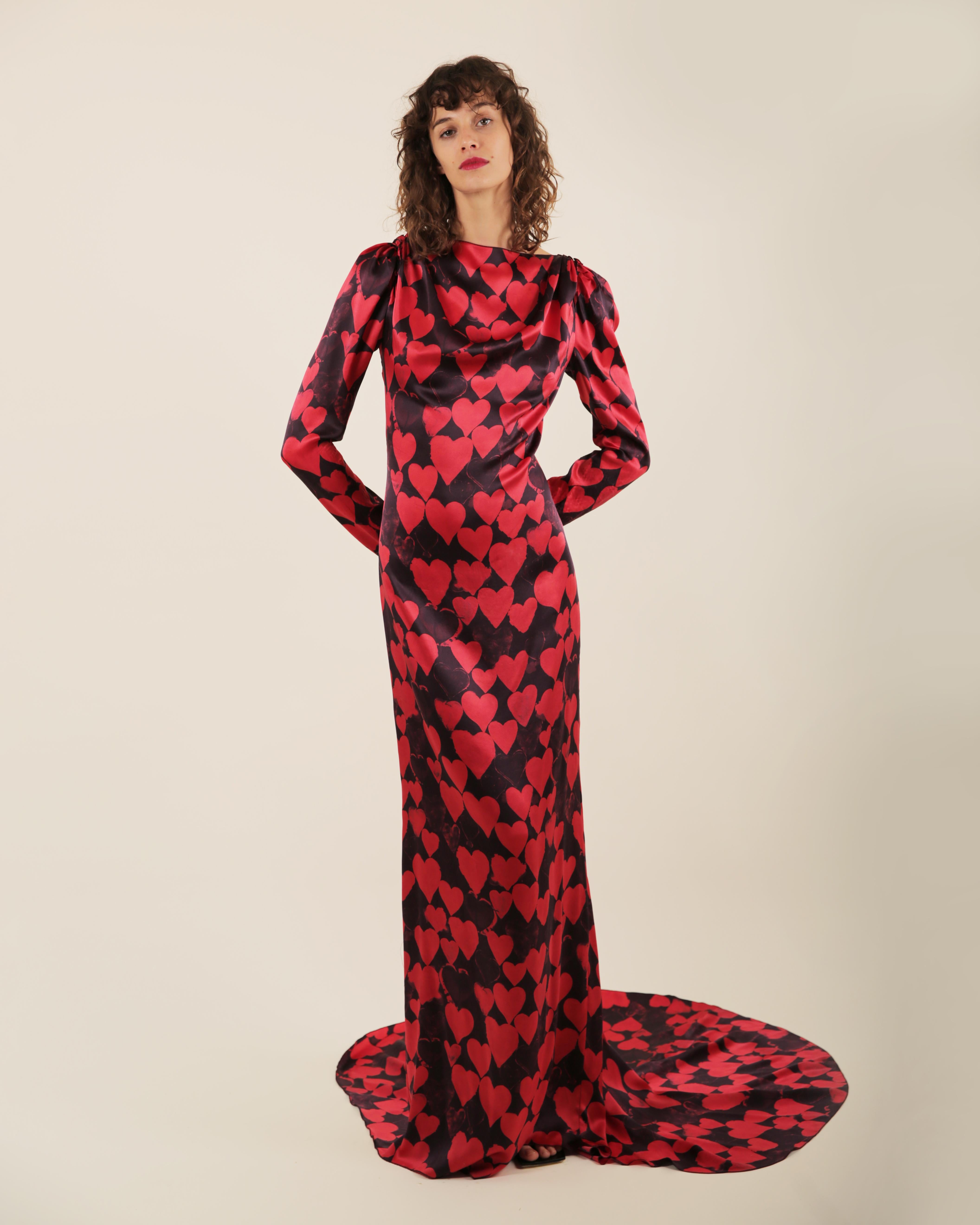Women's Lanvin pre/FW 2012 10 yr anniversary black red heart print silk train gown dress For Sale