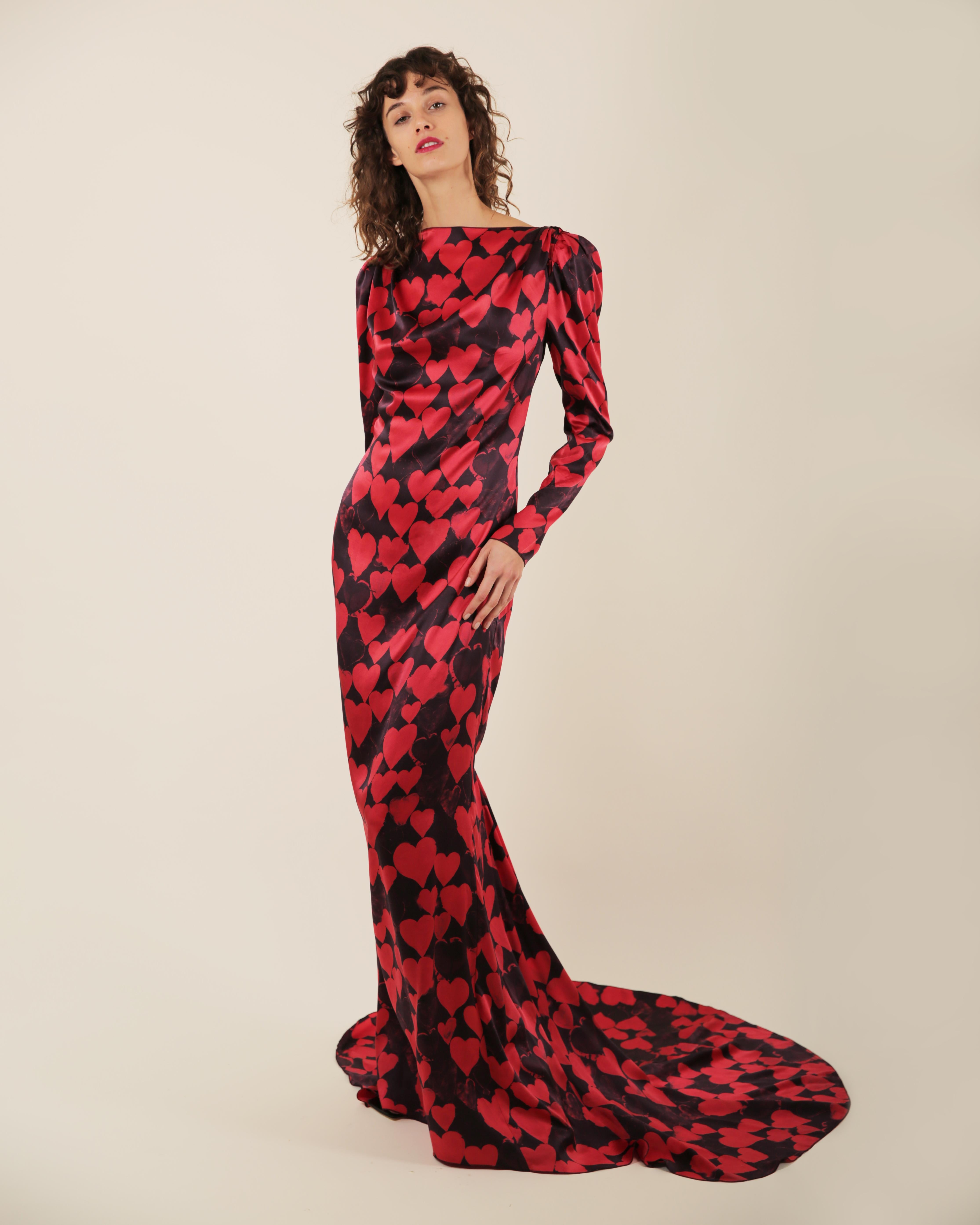 Lanvin pre/FW 2012 10 yr anniversary black red heart print silk train gown dress For Sale 1