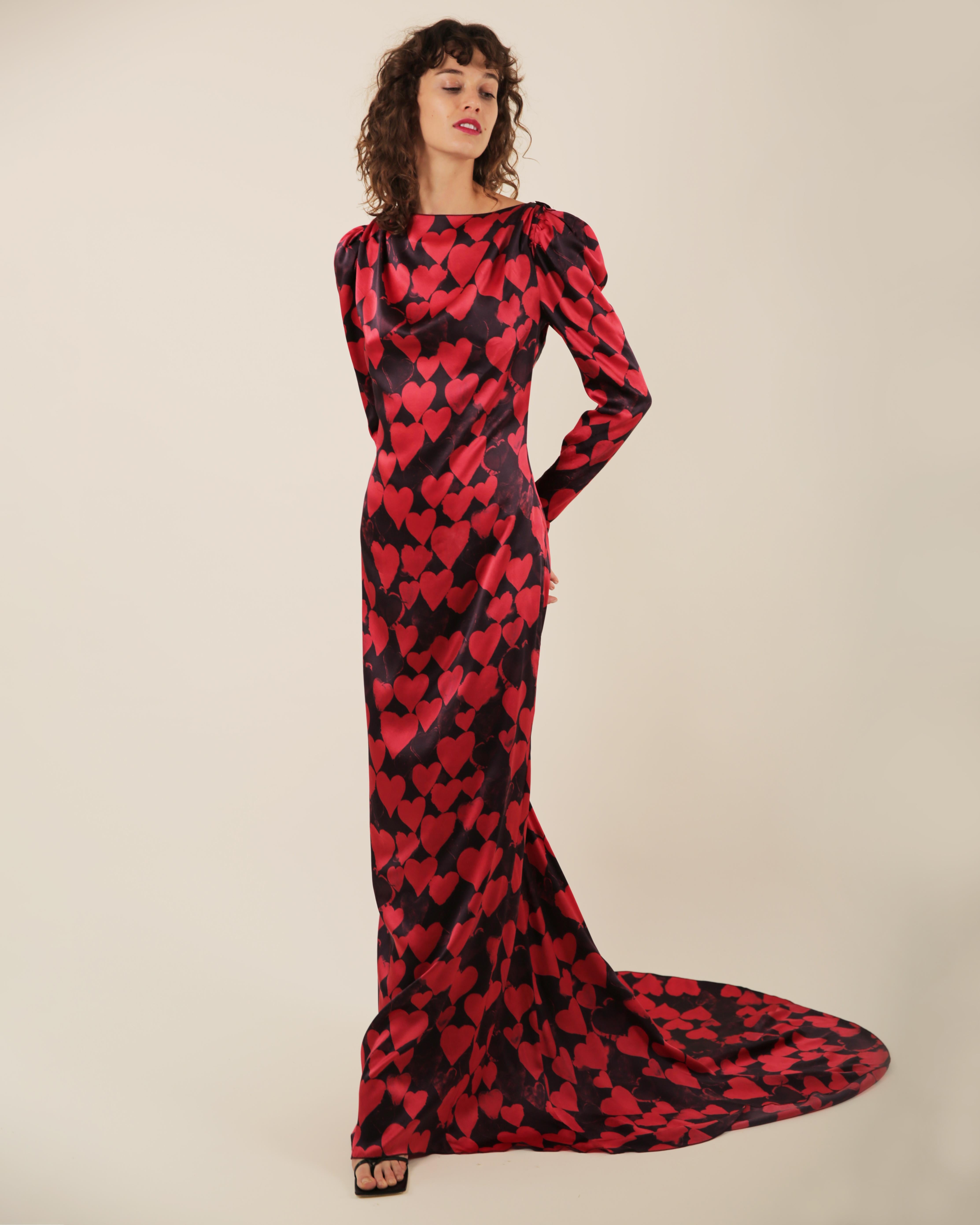 Lanvin pre/FW 2012 10 yr anniversary black red heart print silk train gown dress For Sale 2