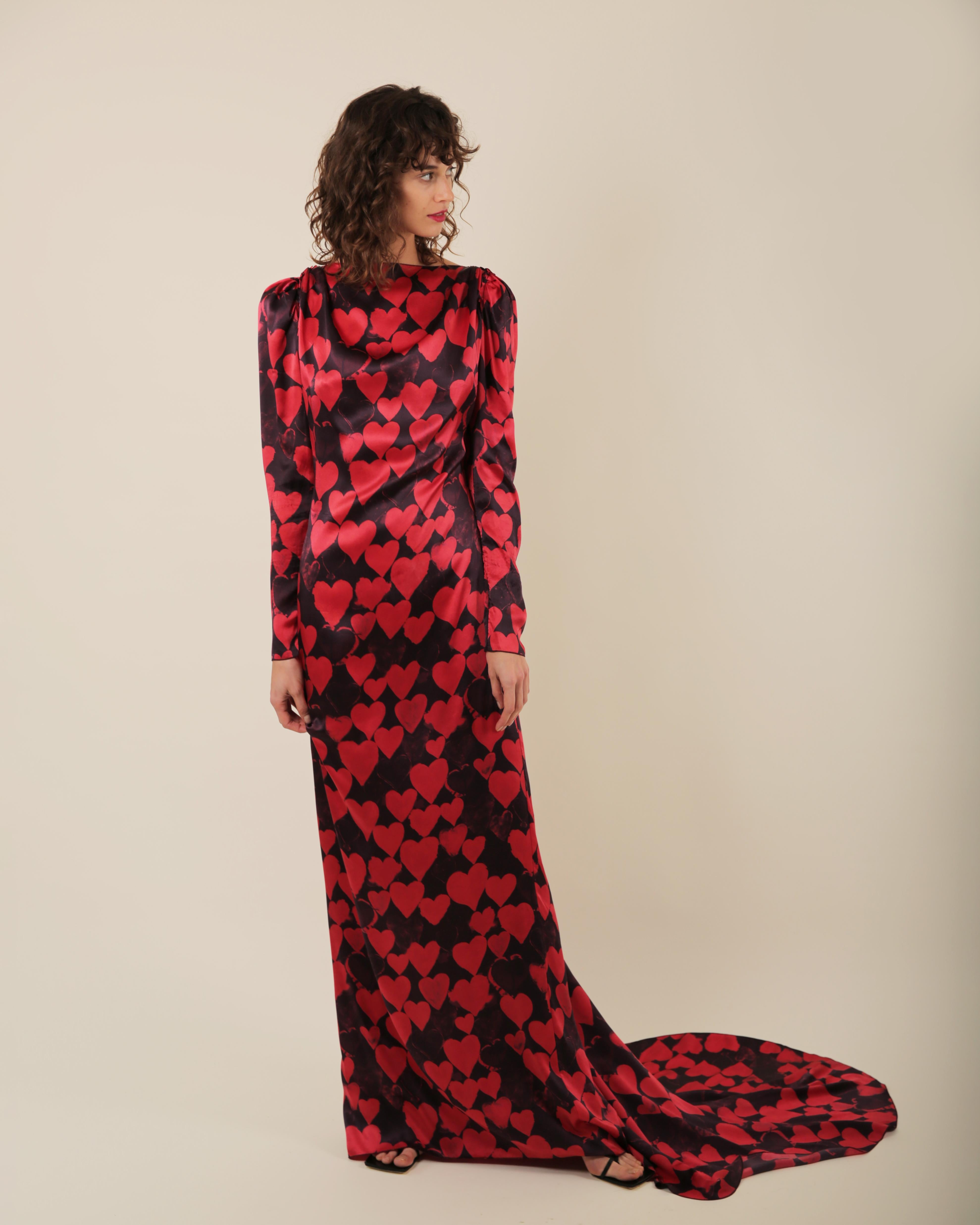Lanvin pre/FW 2012 10 yr anniversary black red heart print silk train gown dress For Sale 3