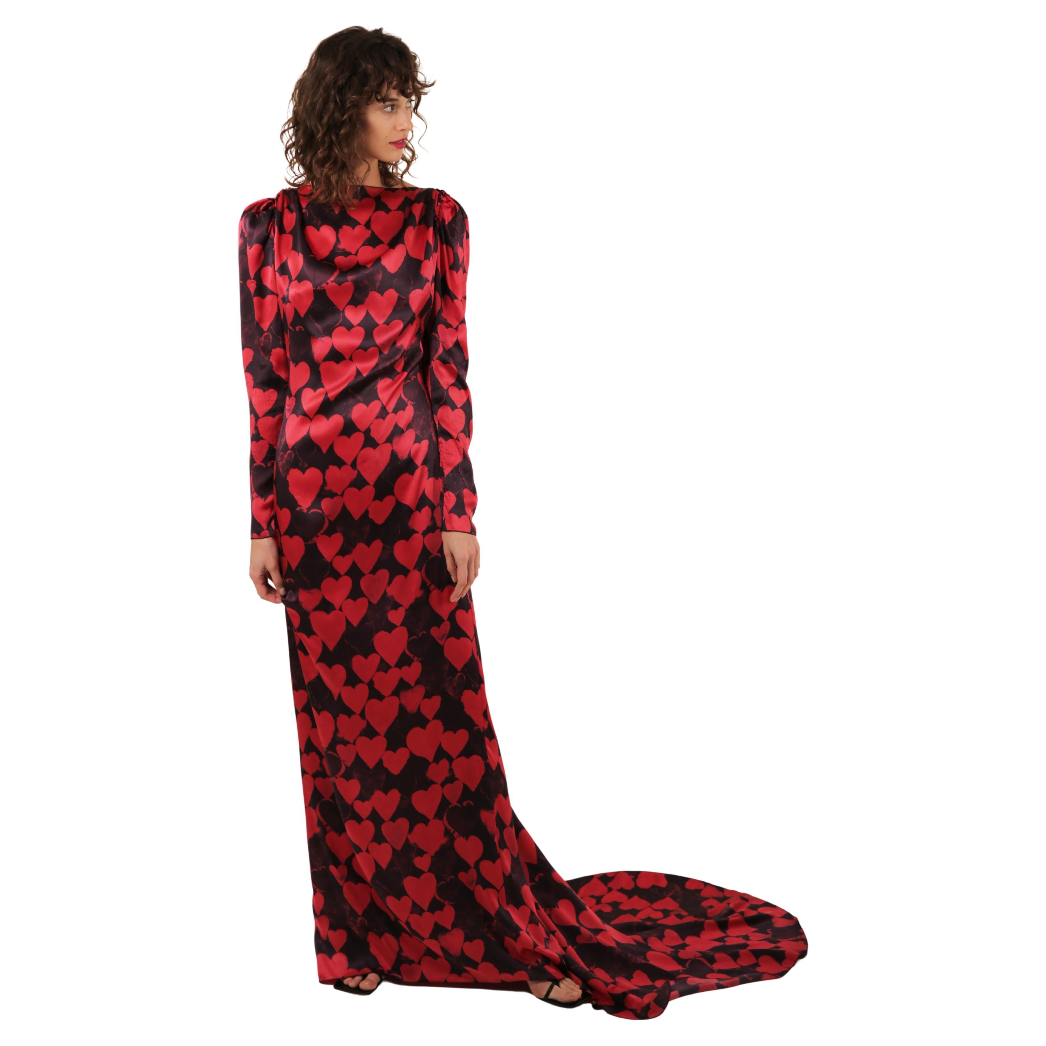 Lanvin pre/FW 2012 10 yr anniversary black red heart print silk train gown dress For Sale