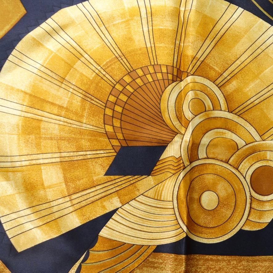 How stunning is this Lanvin silk printed scarf circa 1980s! Golden silk features 
neutral golds contrasting black to create this gorgeous abstract print. Look closely and notice all of the details and gradients- this piece is as eye catching as it