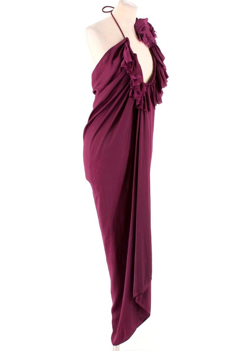 Lanvin purple draped halterneck dress 

- Purple, lightweight satin
- Adjustable self-fastening gathered halterneck, 3-D effect fabric rose 
- Backless
- Ruffle-trimmed neckline
- Draped front and back 

Please note, these items are pre-owned and