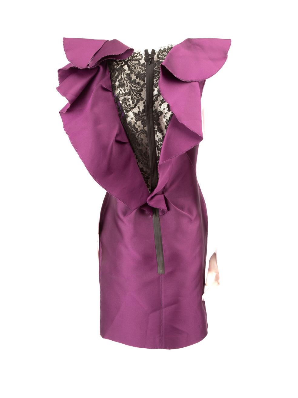Lanvin Purple Lace Panel Ruffle Trimmed Dress Size M In Good Condition For Sale In London, GB