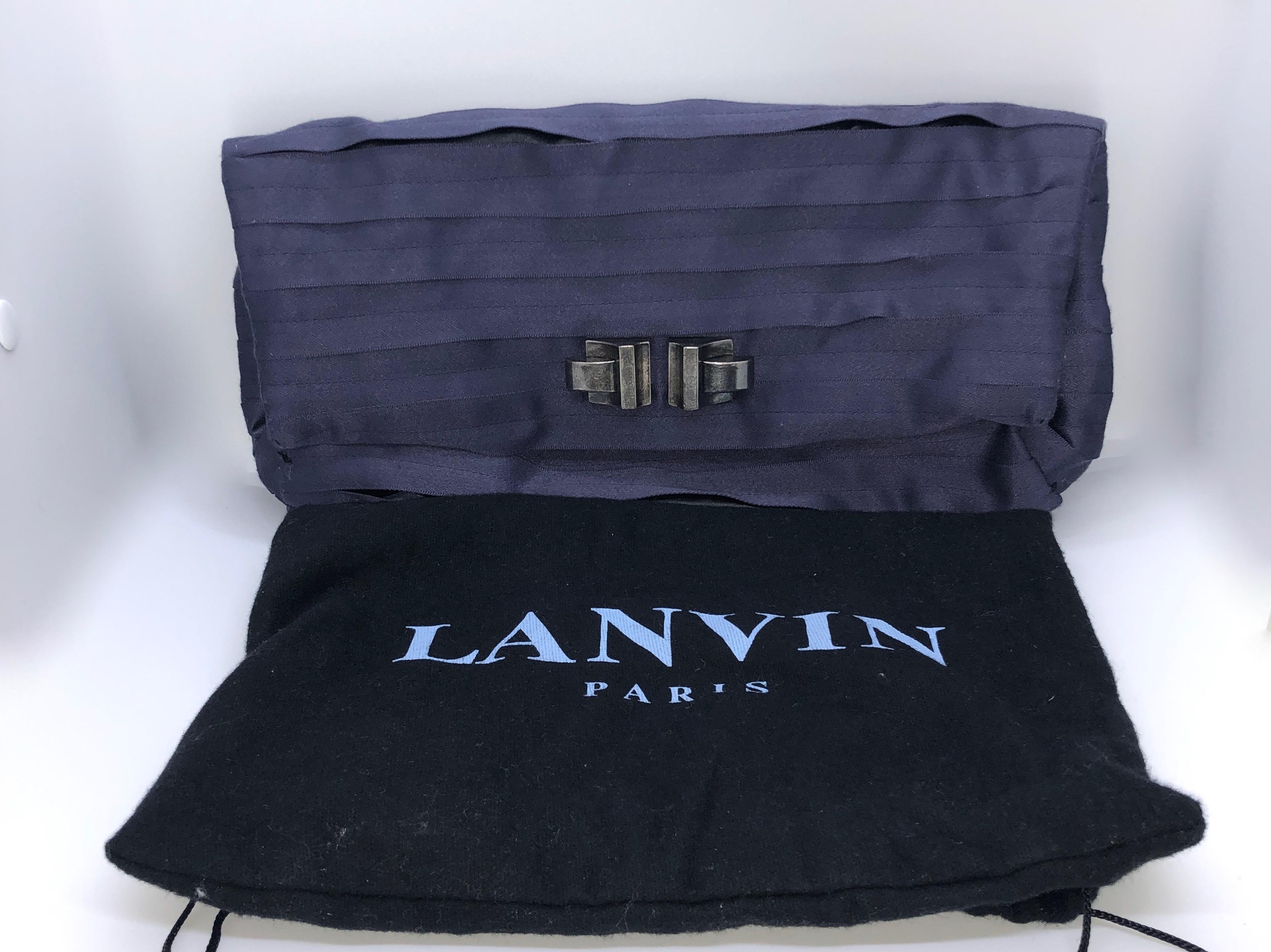 Lanvin Purple Pleated & Black Satin Silk w/ Art Deco Style Metal Accent Clutch For Sale 8