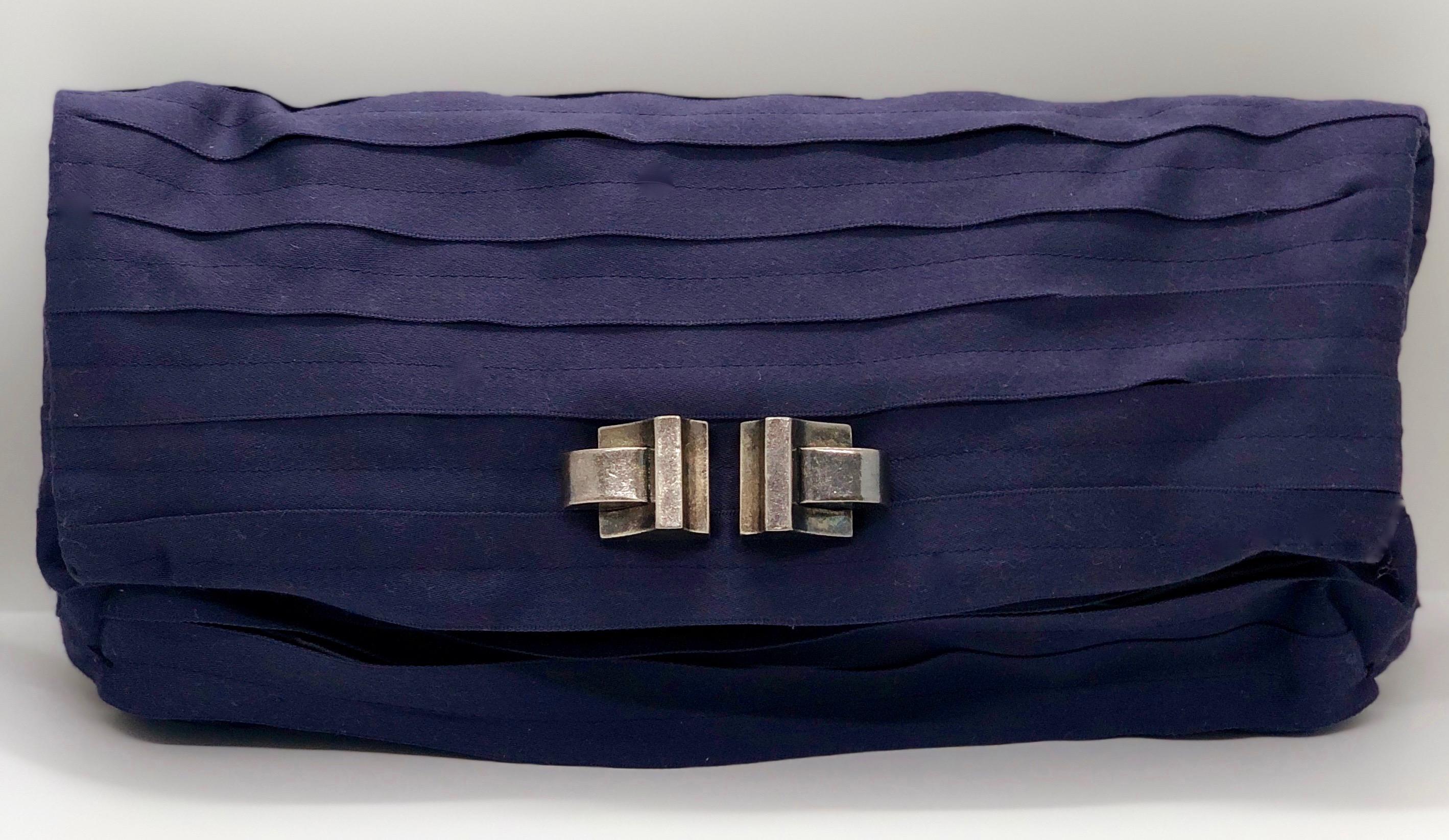 Lanvin Purple Pleated & Black Satin Silk w/ Art Deco Style Metal Accent Clutch For Sale 1