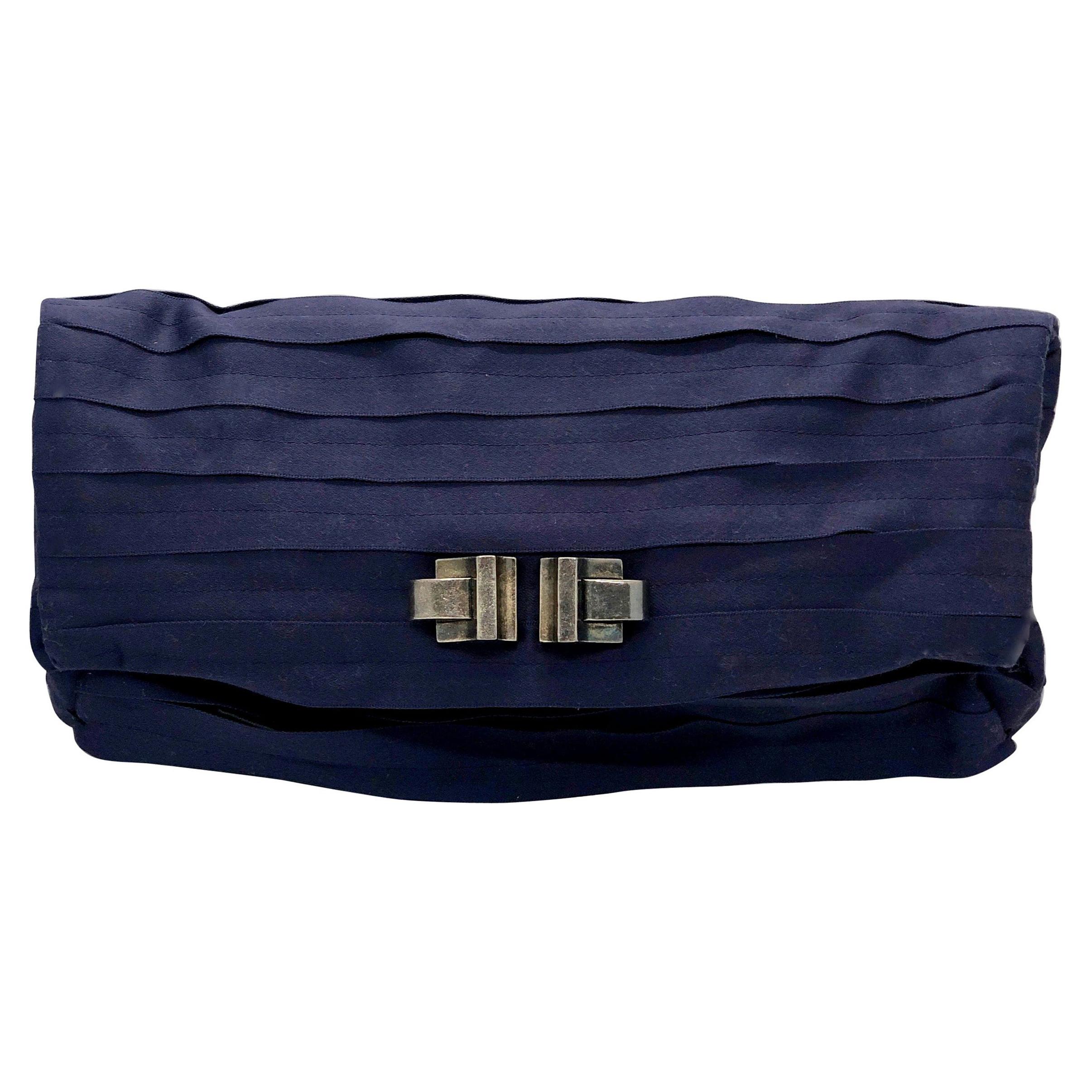 Lanvin Purple Pleated & Black Satin Silk w/ Art Deco Style Metal Accent Clutch For Sale