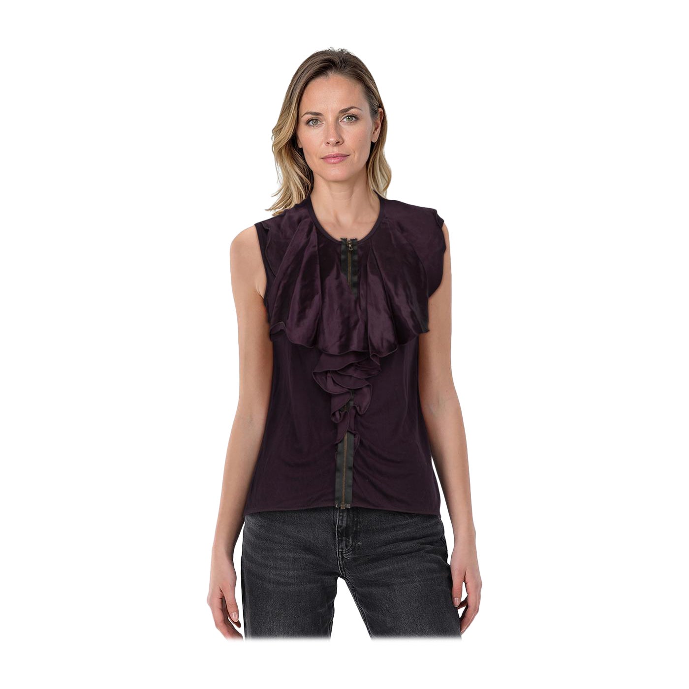 Lanvin Purple Ruffle Front Zip Sleeveless Trim Size L