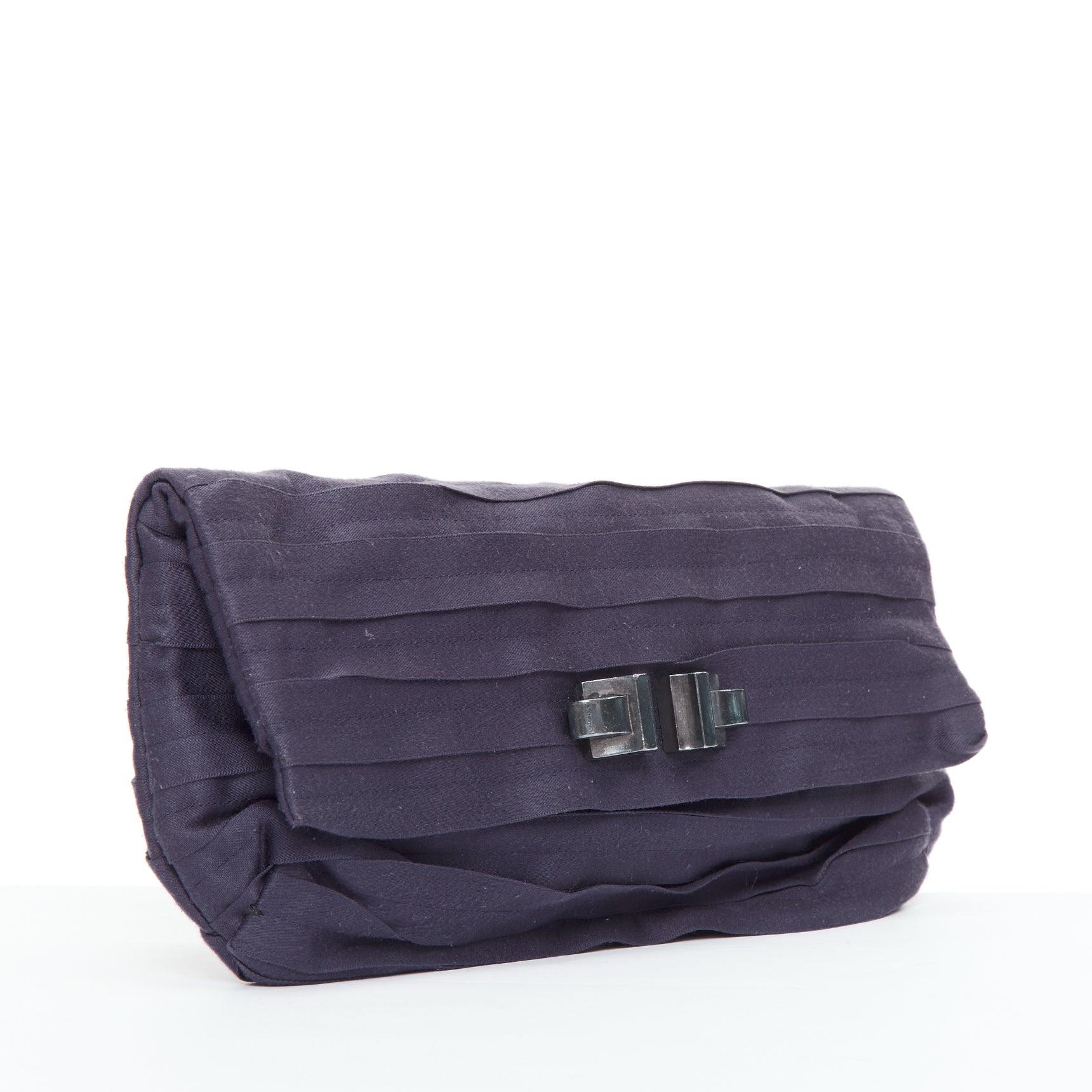 Gray LANVIN purple satin pleated fabric silver buckle foldover clutch bag For Sale