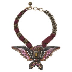 Lanvin Purple Two Tone Metal Crystal Eagle Pendant Necklace