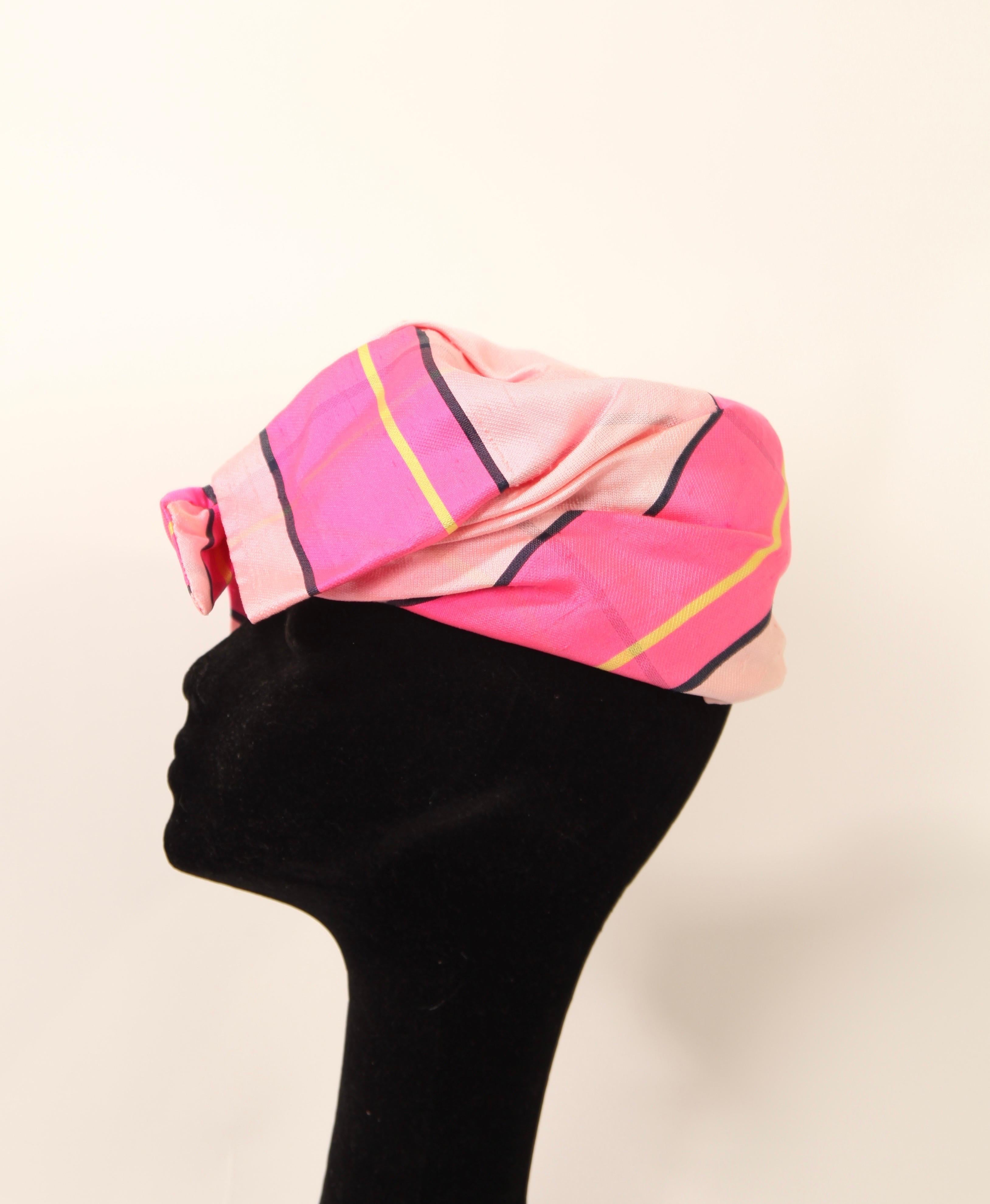 Lanvin Raw Silk pink madras Turban Hat, c.1960s In Good Condition For Sale In London, GB