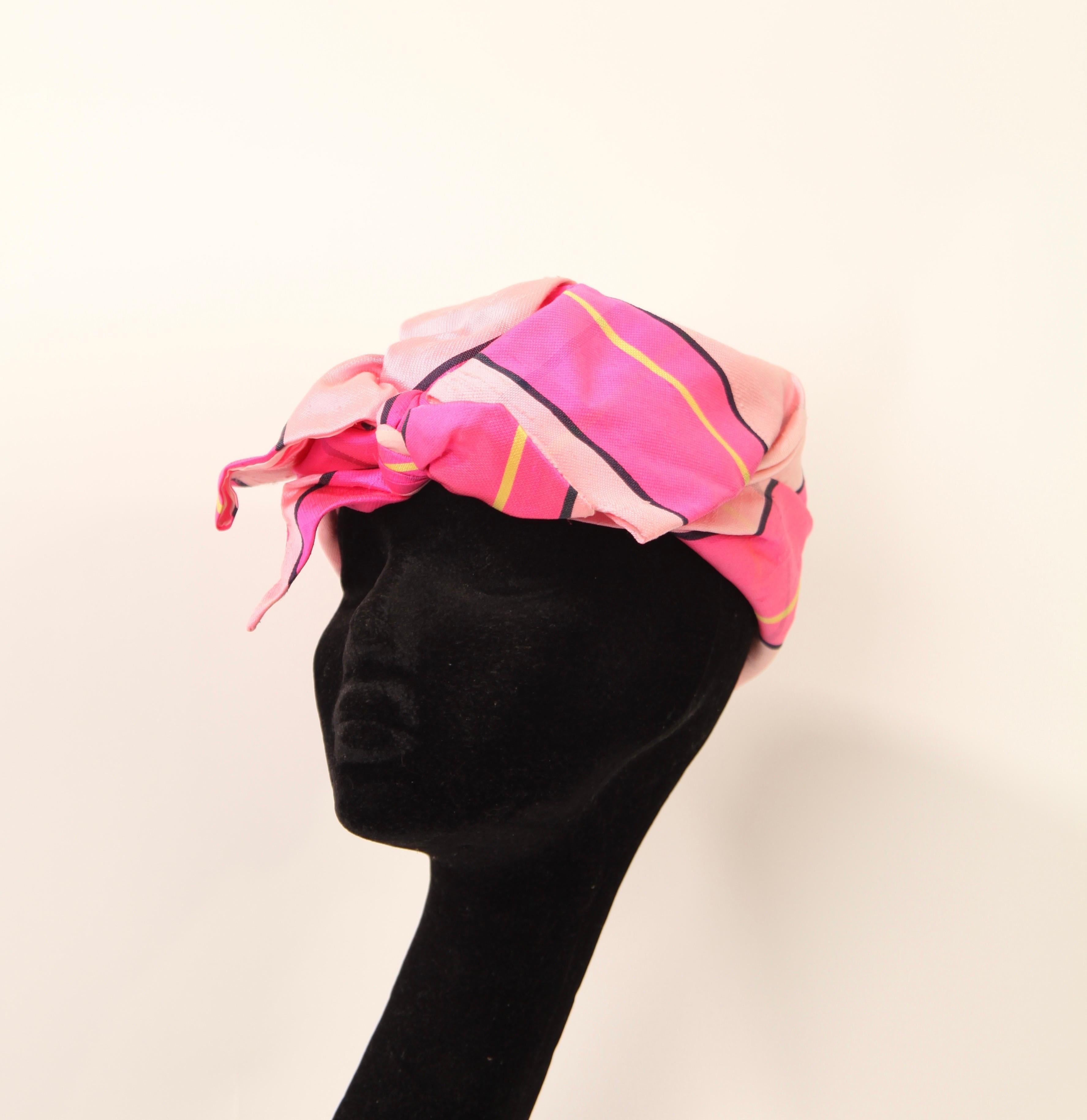Women's Lanvin Raw Silk pink madras Turban Hat, c.1960s For Sale