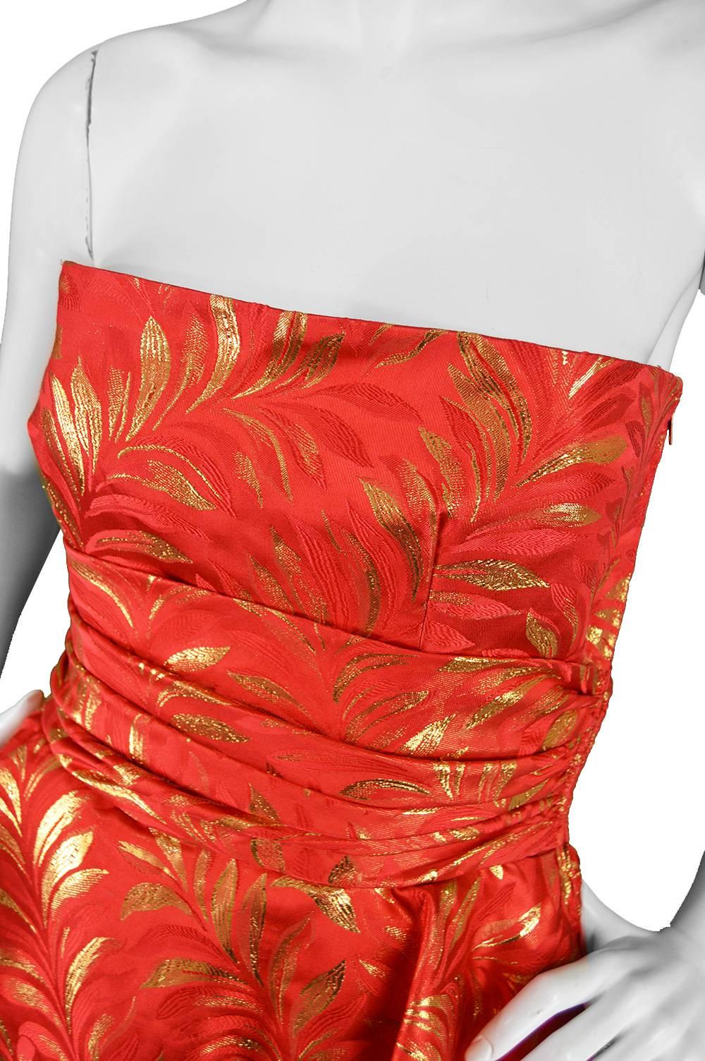 Lanvin Red & Gold Silk Brocade Peplum Vintage Cocktail Evening Dress, 1980s In Excellent Condition For Sale In Doncaster, South Yorkshire