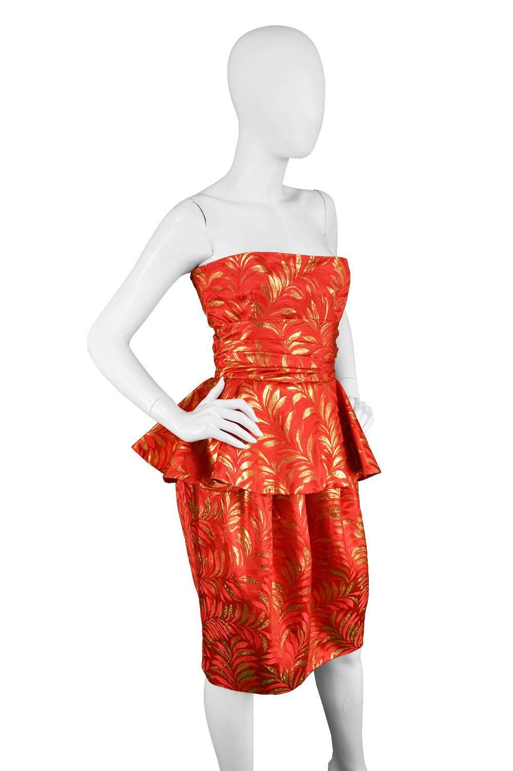Women's Lanvin Red & Gold Silk Brocade Peplum Vintage Cocktail Evening Dress, 1980s For Sale