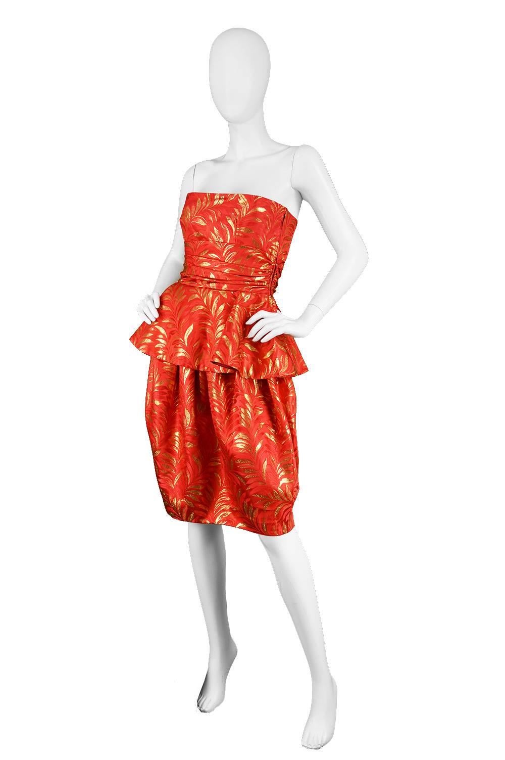 Lanvin Red & Gold Silk Brocade Peplum Vintage Cocktail Evening Dress, 1980s For Sale 1