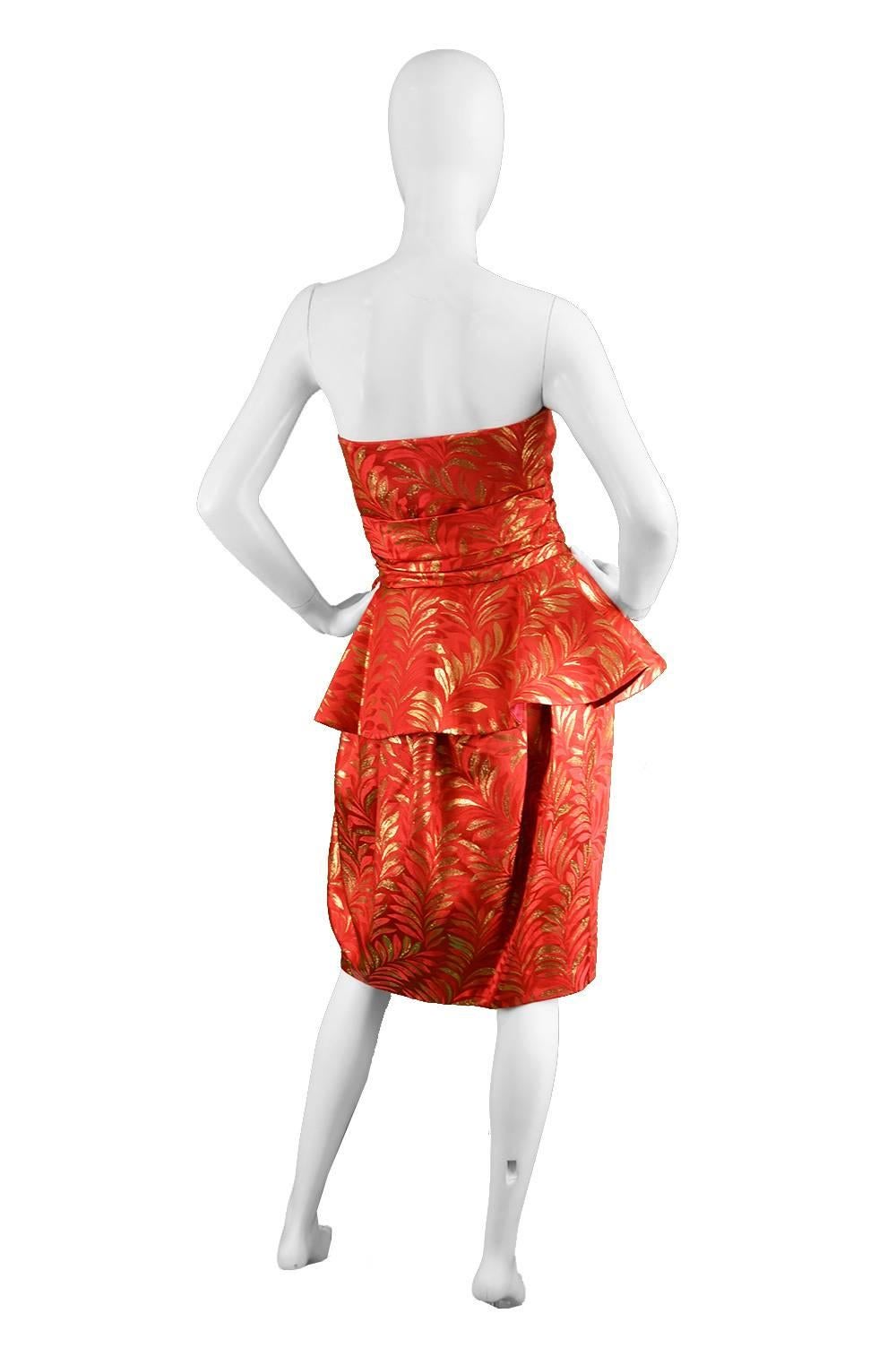 Lanvin Red & Gold Silk Brocade Peplum Vintage Cocktail Evening Dress, 1980s For Sale 3