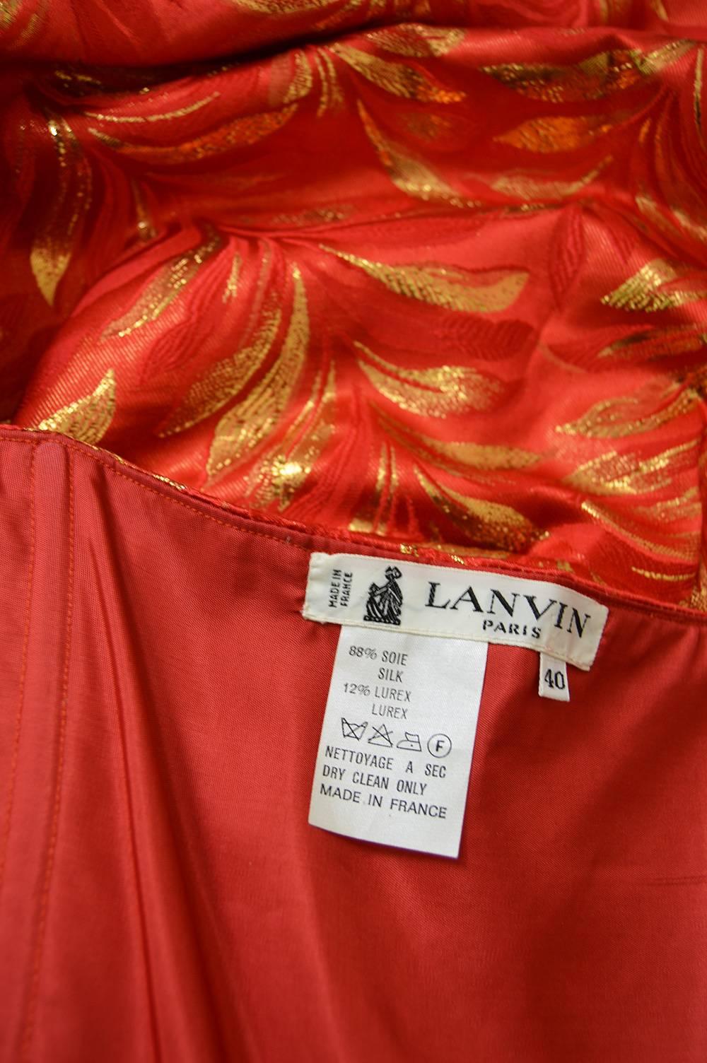 Lanvin Red & Gold Silk Brocade Peplum Vintage Cocktail Evening Dress, 1980s For Sale 4