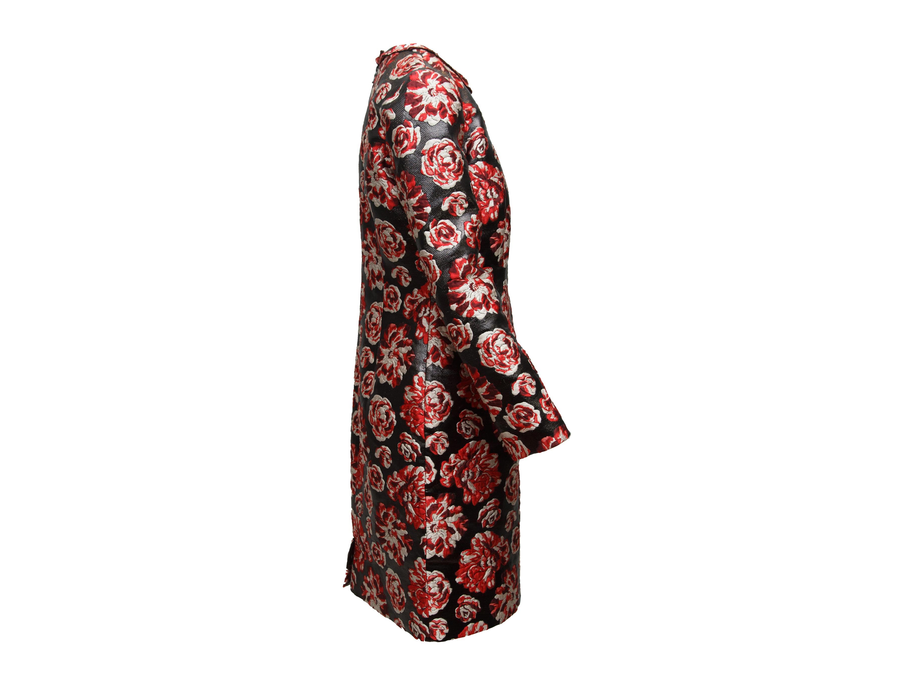 Product details:  Red and black floral shift dress by Lanvin.  Roundneck.  Long sleeves.  Exposed back zip closure.  Center back hem vent.  Label size IT 42.  30