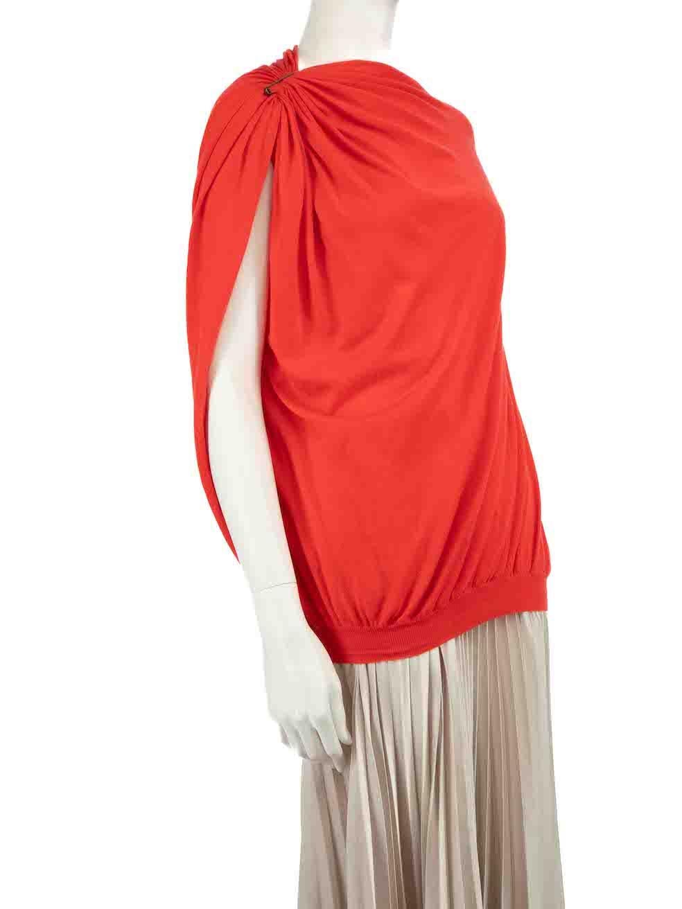 CONDITION is Very good. Minimal wear to top is evident. Minimal wear to the front with a small mark on this used Lanvin designer resale item.
 
 Details
 Red
 Cashmere
 Knit top
 Sleeveless
 Ruched drape shoulder detail
 Round neck
 
 
 Made in