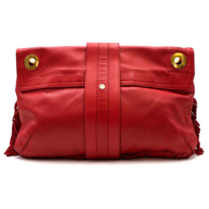 Lanvin Red Leather Fringed Shoulder Bag

- Soft red grained calfskin leather
- Fringing around the front edges
- Flap closure with pin lock fastening
- Gold-tone hardware
- The shoulder strap is detachable so can be turned into a clutch
- In