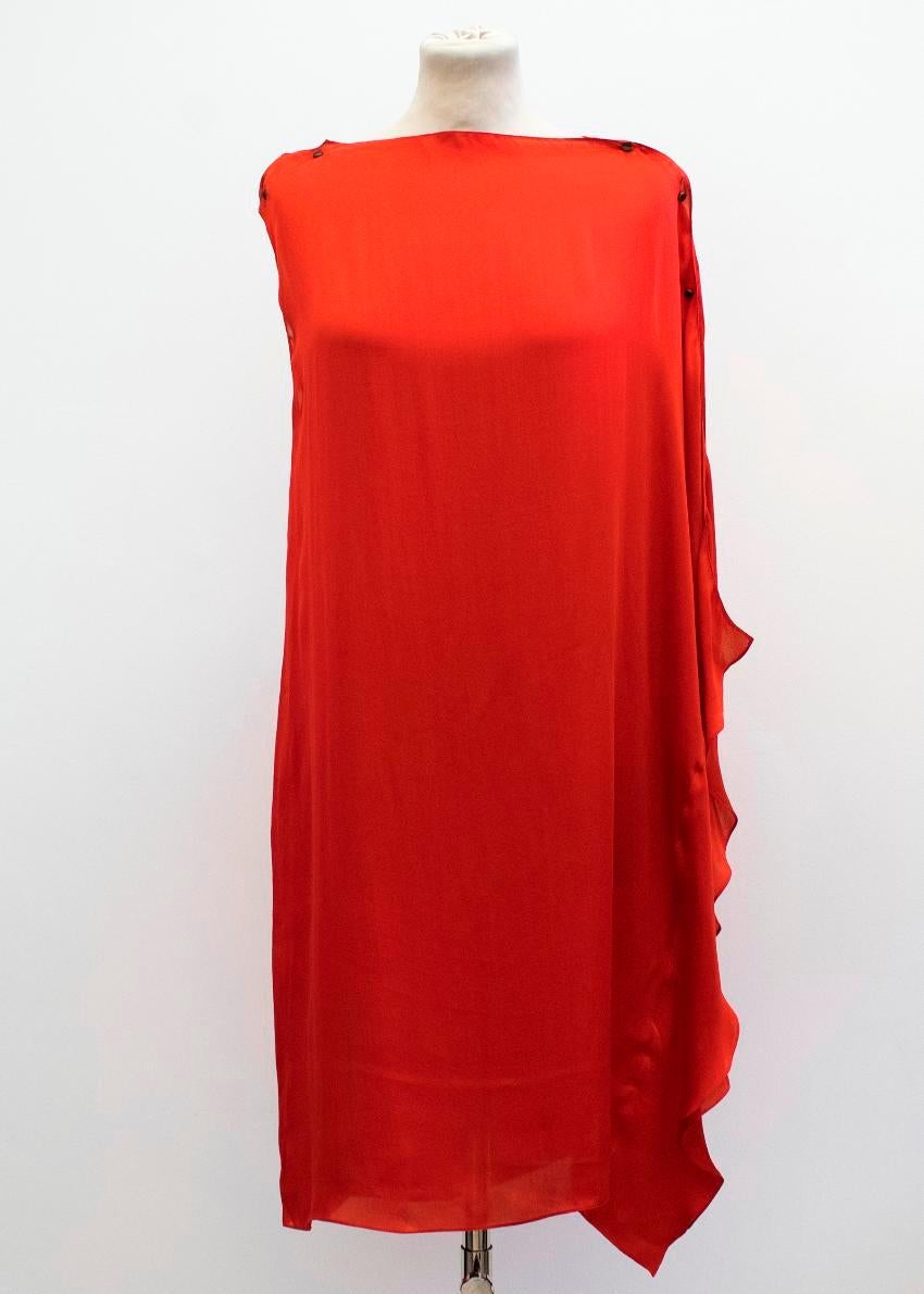 Lanvin red silk asymmetric dress in a floaty knee-length style.

- Fine lighweight silk dress.
- Button detail at the shoulders.
- Ruffle detail at one side seam.

Please note, these items are pre-owned and may show signs of being stored even when