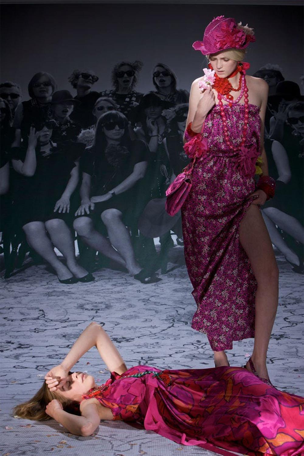 Dating to the Acapulco inspired Resort 2010 collection, this stunning gown designed by Alber Elbaz for Lanvin makes the perfect travel companion. Made from hot pink silk satin with a tiny floral print in pale pink & green. this features an
