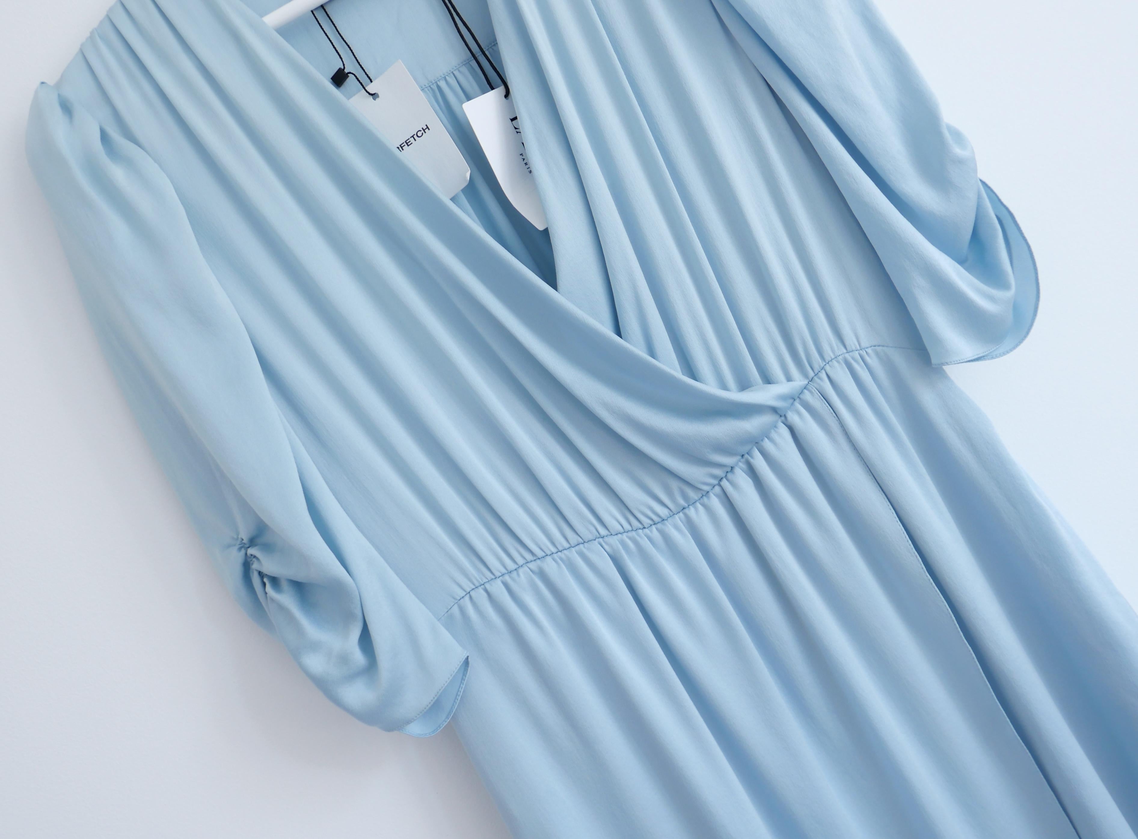 Absolutely gorgeous, modern feminine Lanvin sky blue silk dress from the Spring 2022 collection. Bought for €1820 and new with tags. Made from wonderfully soft and lightweight skin blue silk crepe de chine and is beautifully draped with a faux wrap