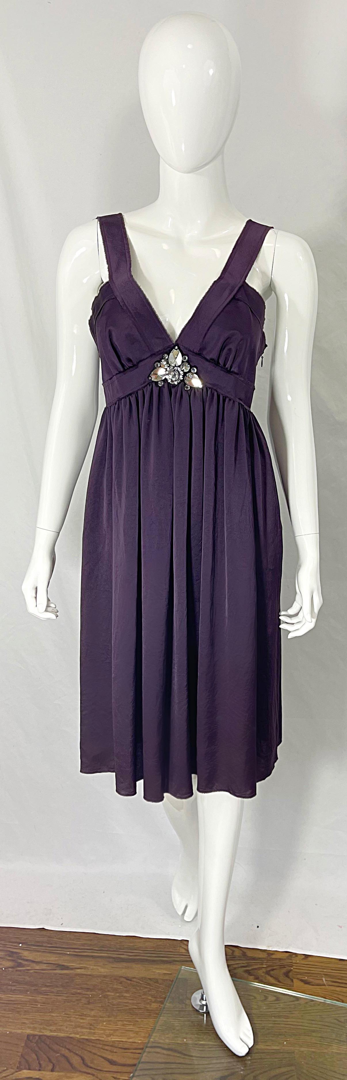 Beautiful LANVIN Spring / Summer 2007 Ete by ALBER ELBAZ purple / aubergine / eggplant rhinestone encrusted empire waist dress ! Tailored bodice with a free flowing body. Large rhinestones at center bust. Hidden zipper up the side with hook-and-eye
