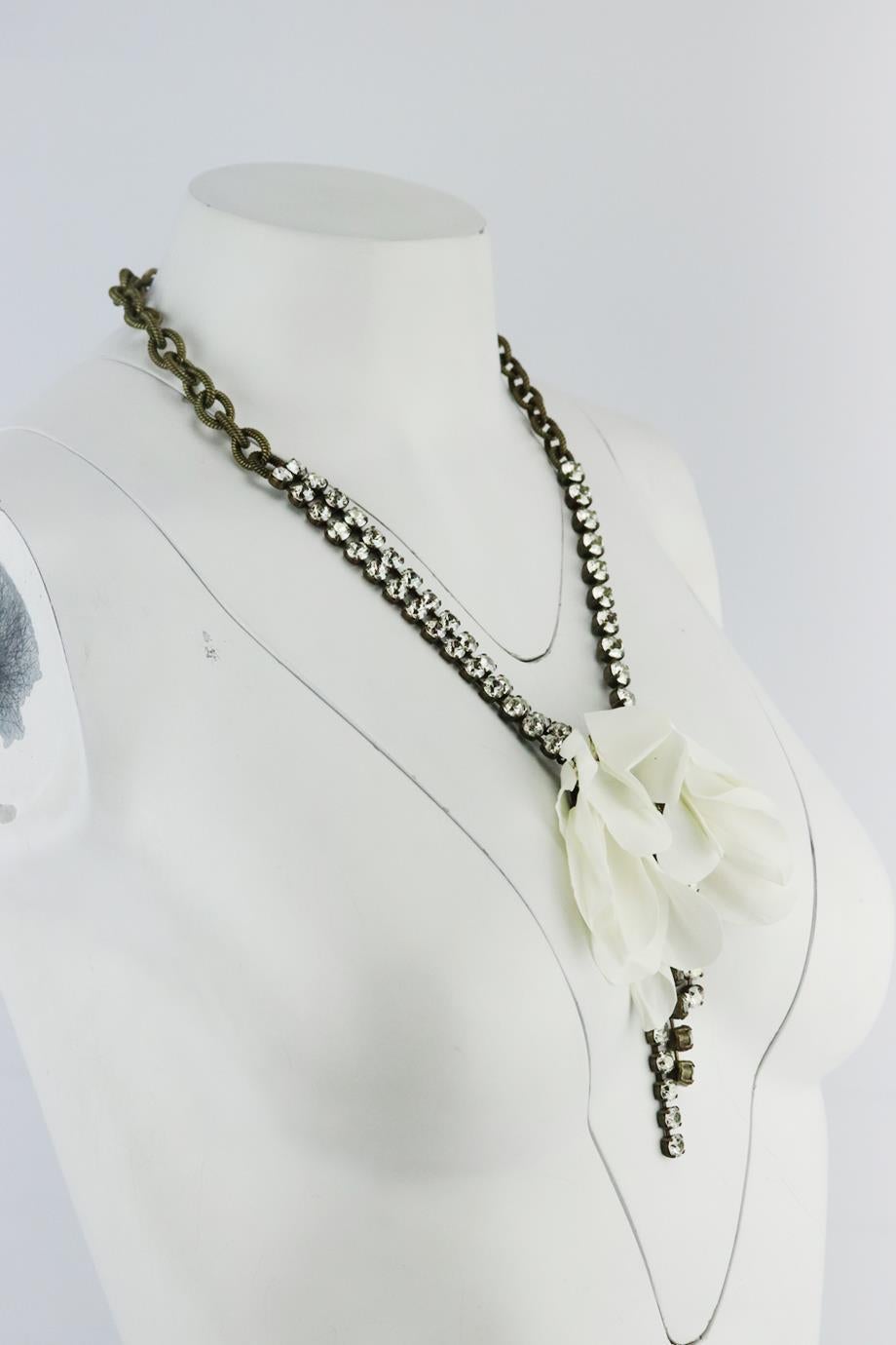 Lanvin silk flower and crystal embellished chain necklace. Made from brass chain with white silk flower and crystal embellishment. White. Lobster clasp fastening at back. Does not come with dustbag or box. Min. Drop: 7.2 in. Max. Drop: 10.5 in.