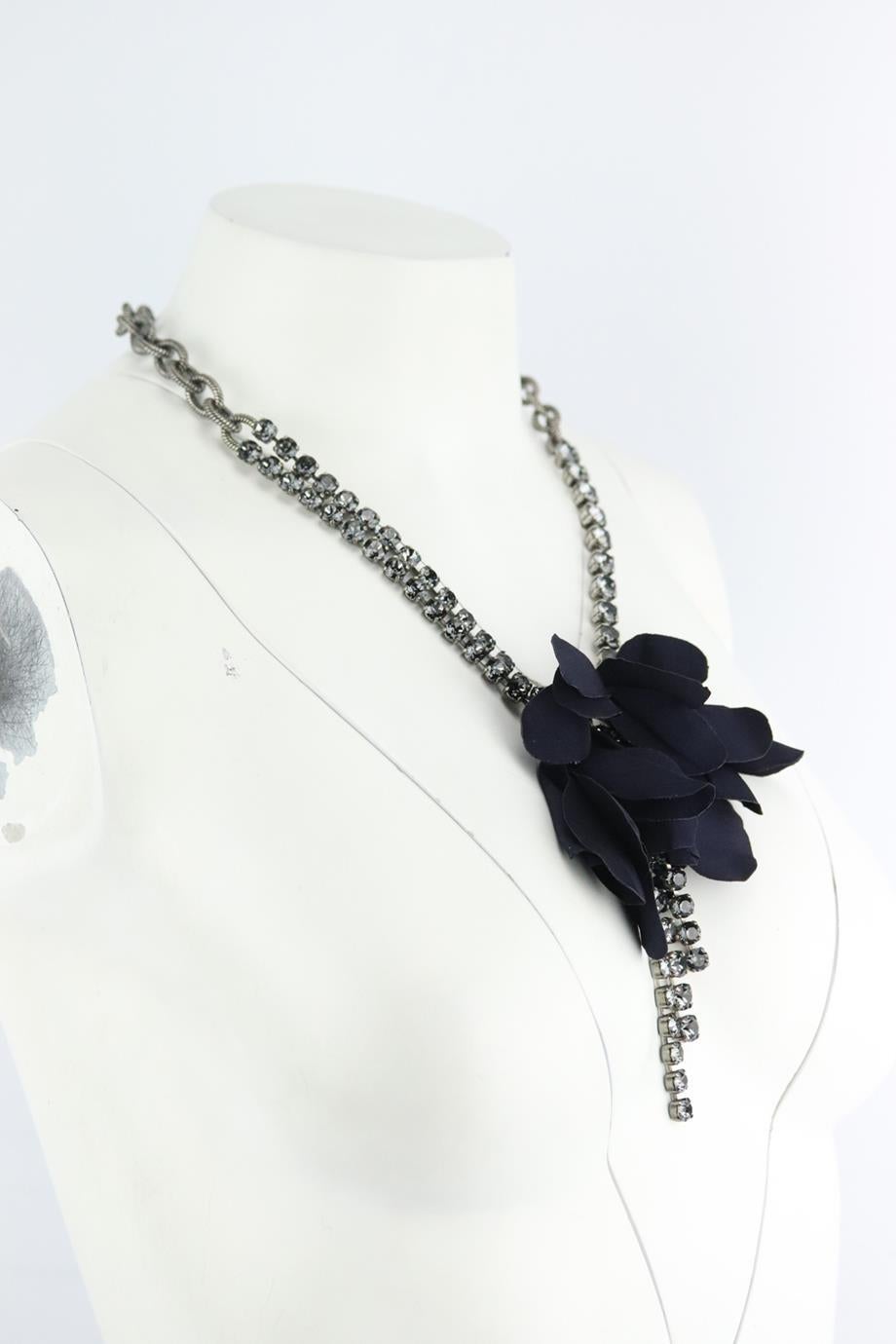 Lanvin silk flower and crystal embellished chain necklace. Made from brass chain with black silk flower and crystal embellishment. Black. Lobster clasp fastening at back. Does not come with dustbag or box. Min. Drop: 7.2 in. Max. Drop: 10.5 in.