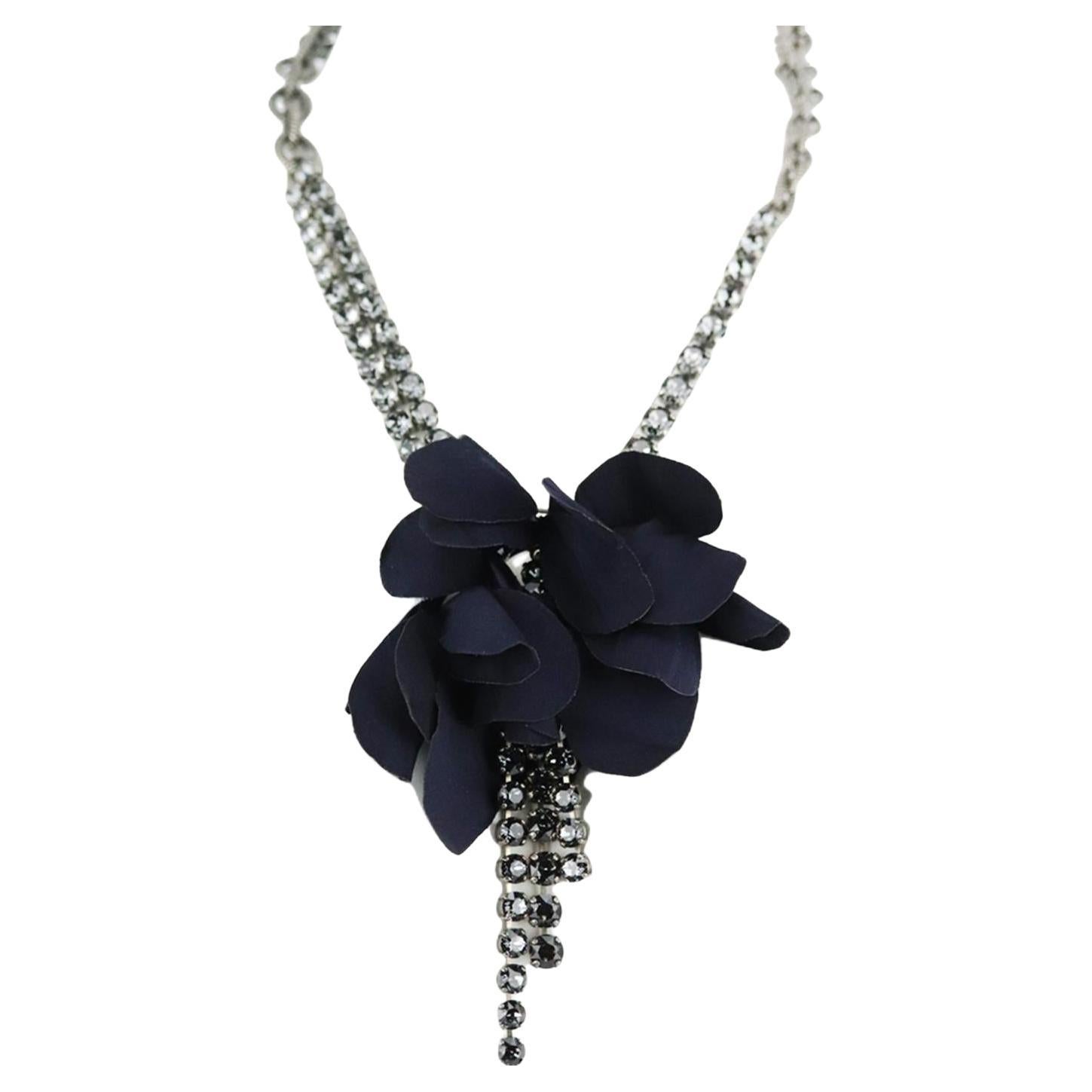 Lanvin Silk Flower And Crystal Embellished Chain Necklace