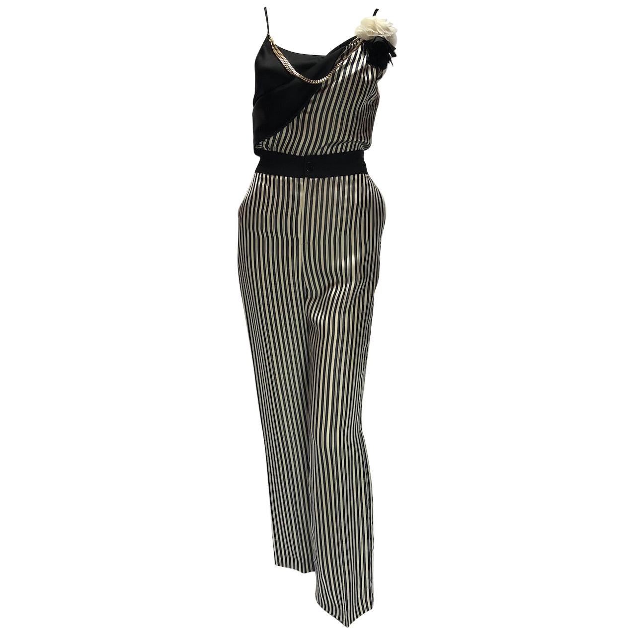 Lanvin Silk Pin-Striped Ensemble with Chain and Flower Bro